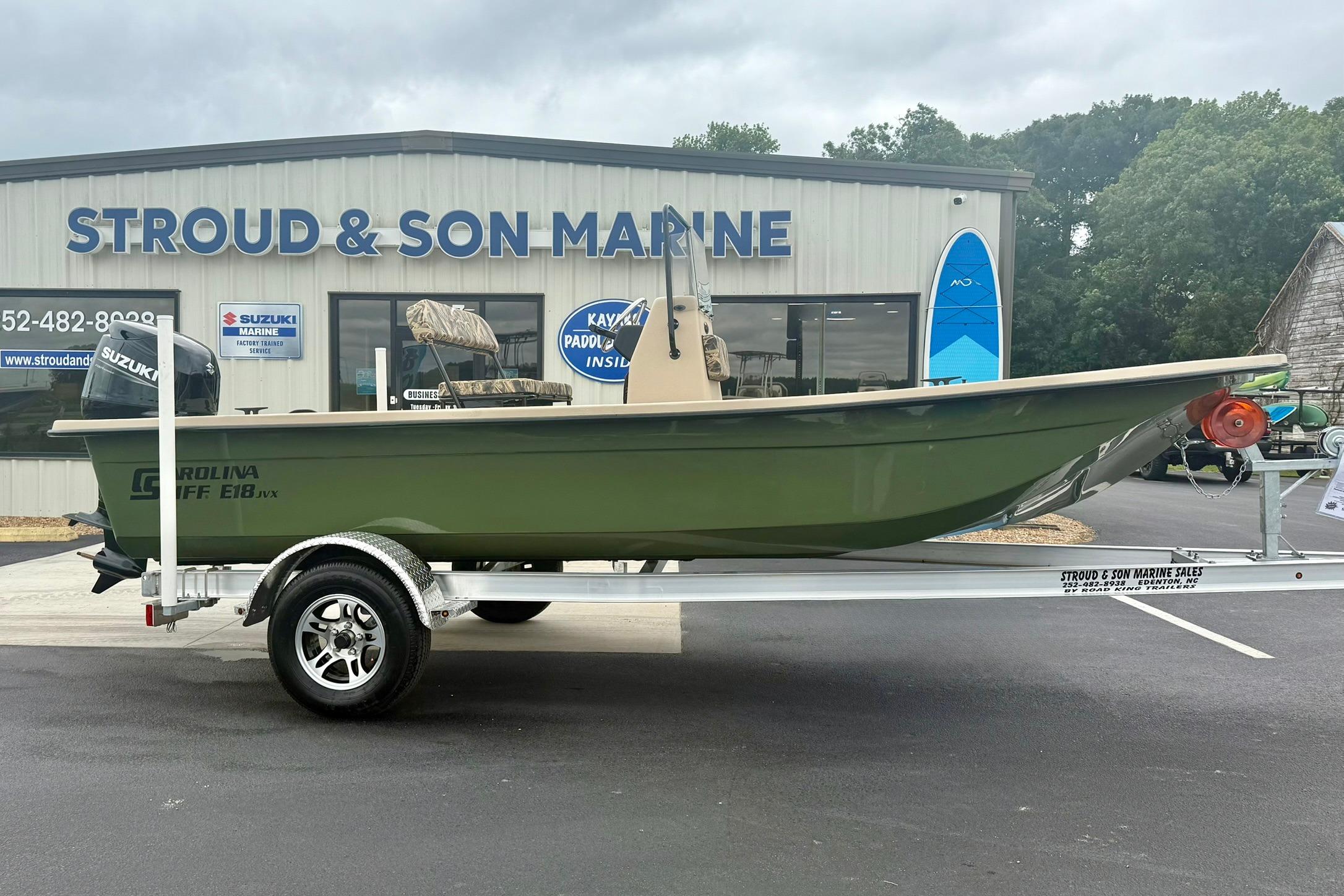 2026 Carolina Skiff E18 JVX CC boat on trailer at Stroud & Son Marine.
