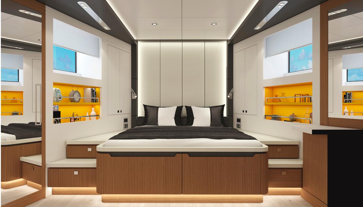 Luxurious bedroom interior of 2024 Naval Yachts XPM85 with modern design and ambient lighting.