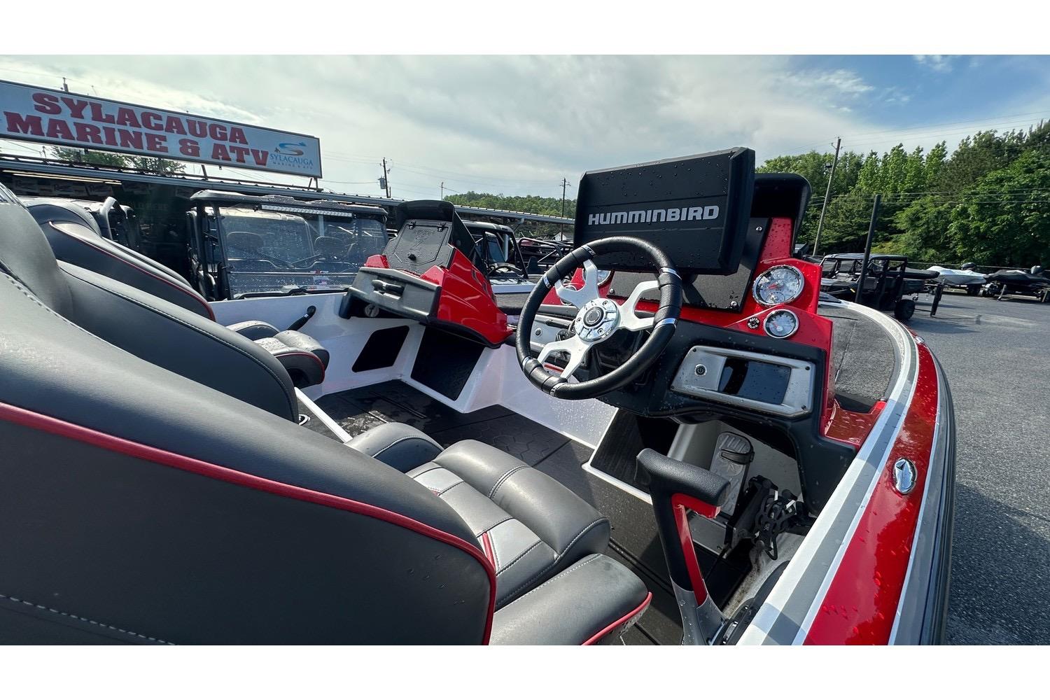 2023 Nitro Z20 Pro boat interior with steering wheel and Humminbird electronics.