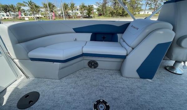 2025 Berkshire 22 RFX LE Tri-toon Pontoon interior seating with blue and gray upholstery.