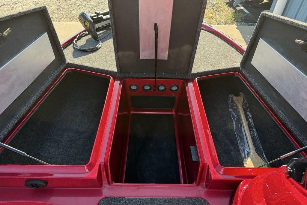 Red Nitro Z17 2026 boat storage compartments open, showcasing spacious interior.