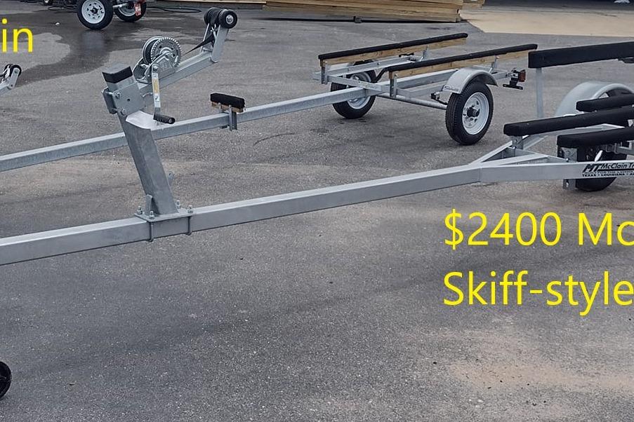 Trailer for Delta Boatworks 1550, 2027 model, priced at $2400, skiff-style design.