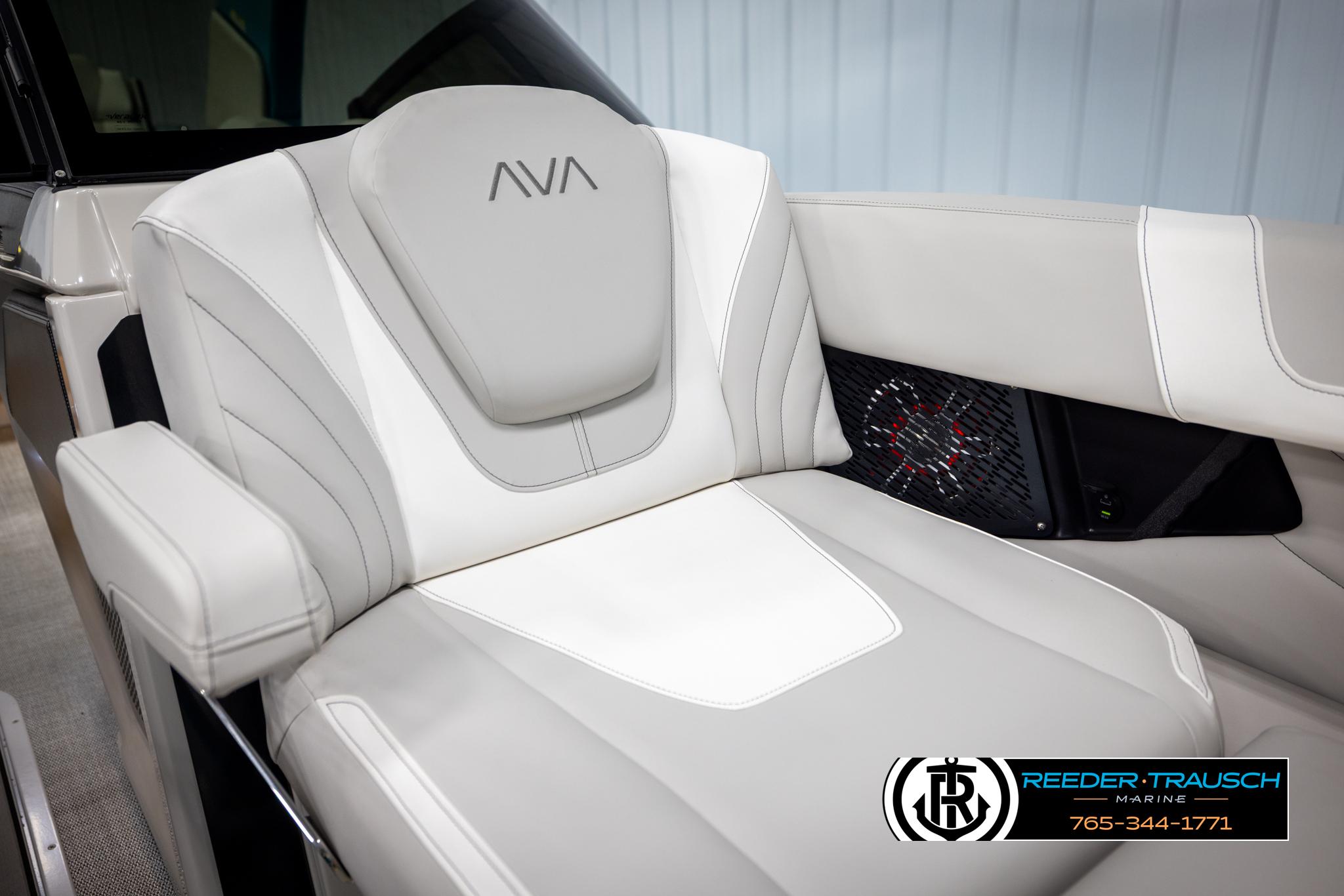 Luxurious seating in 2025 Avalon 2585 Excal VRBW boat, featuring sleek white upholstery.