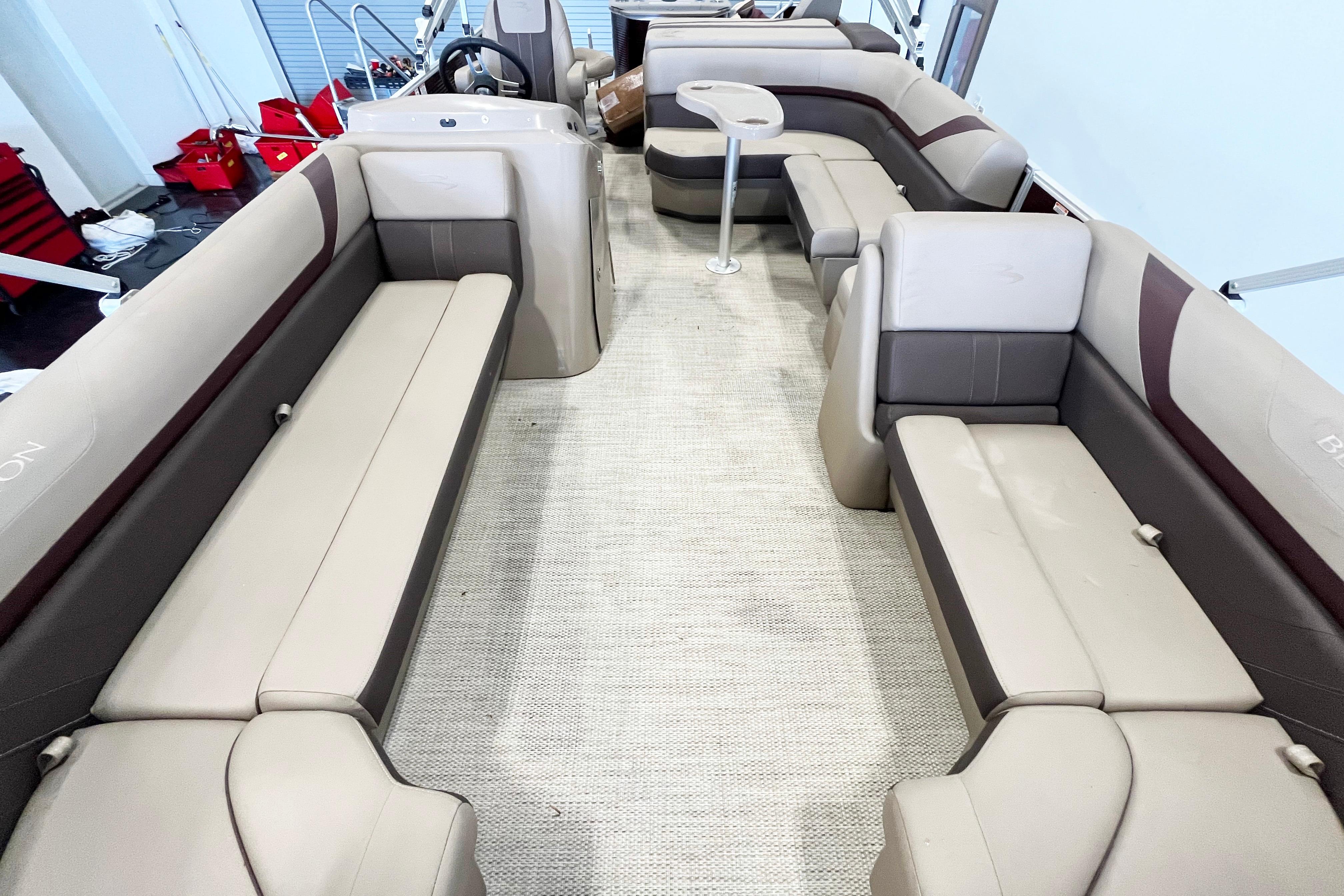 Interior of 2020 Bennington SX25 pontoon boat with spacious seating and modern design.