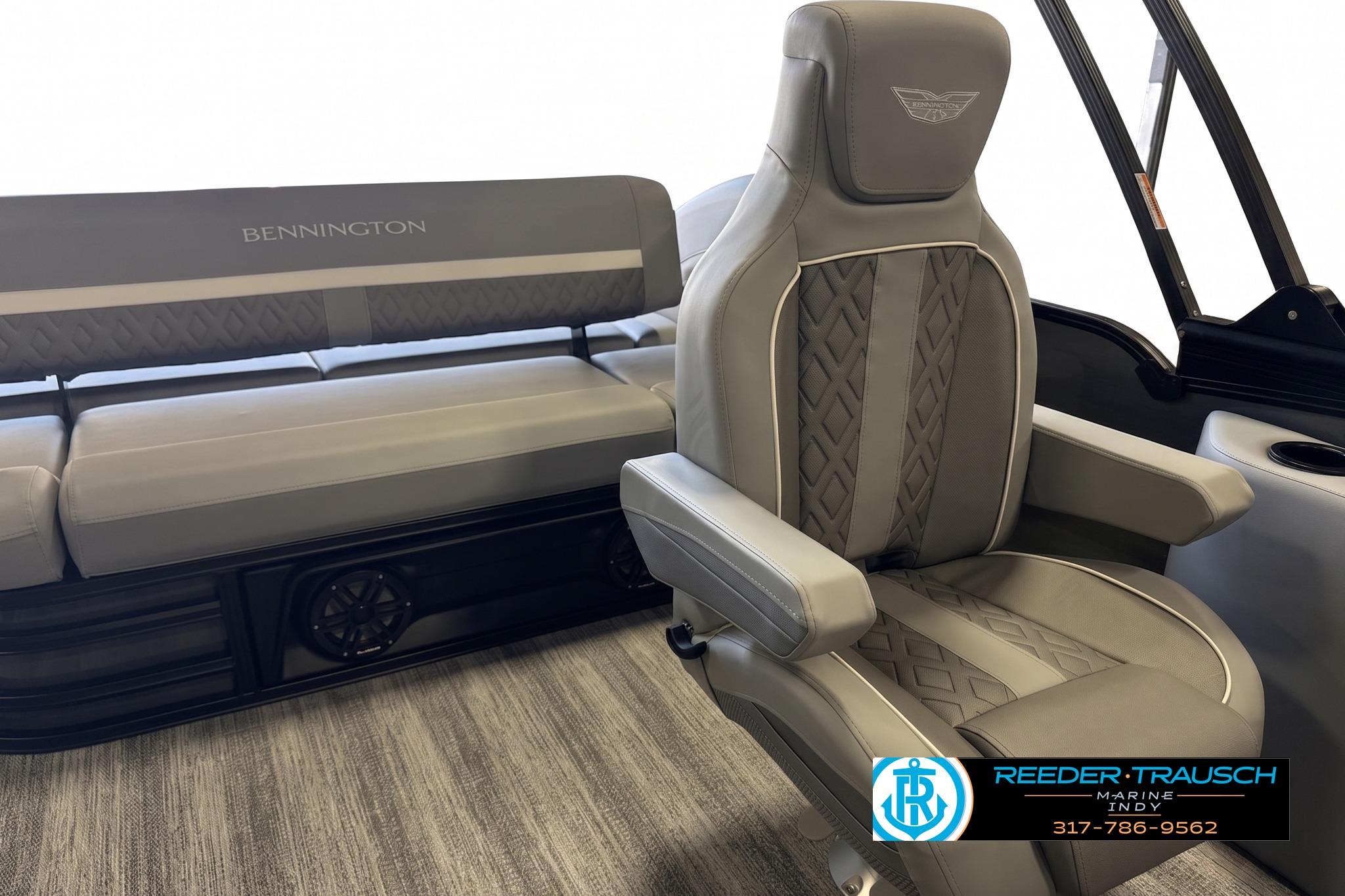 Luxurious seating in the 2027 Bennington 22 MSB pontoon boat, featuring elegant gray upholstery.