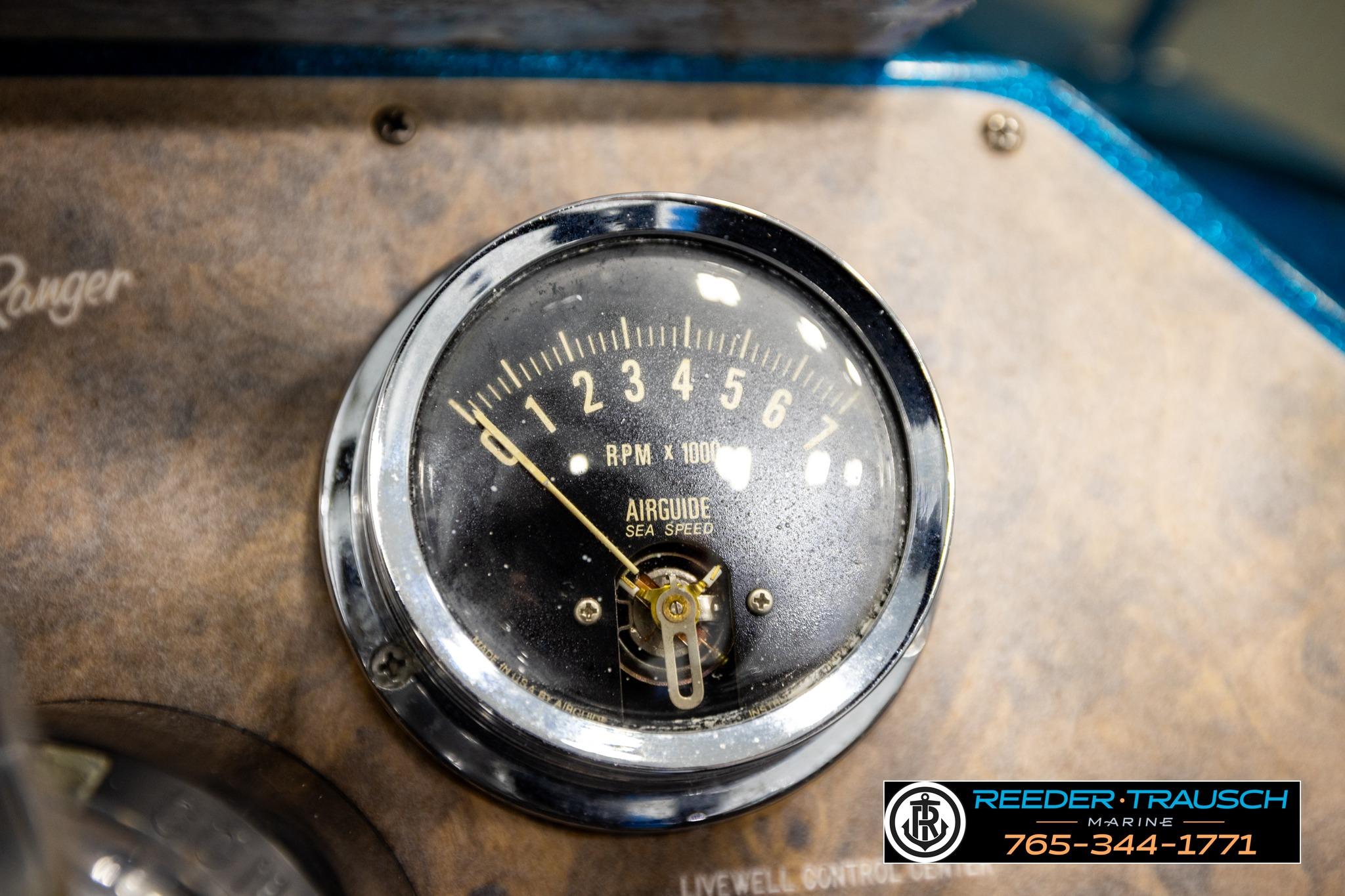 Close-up of a vintage 1980 Ranger 175 VS boat tachometer displaying RPM.
