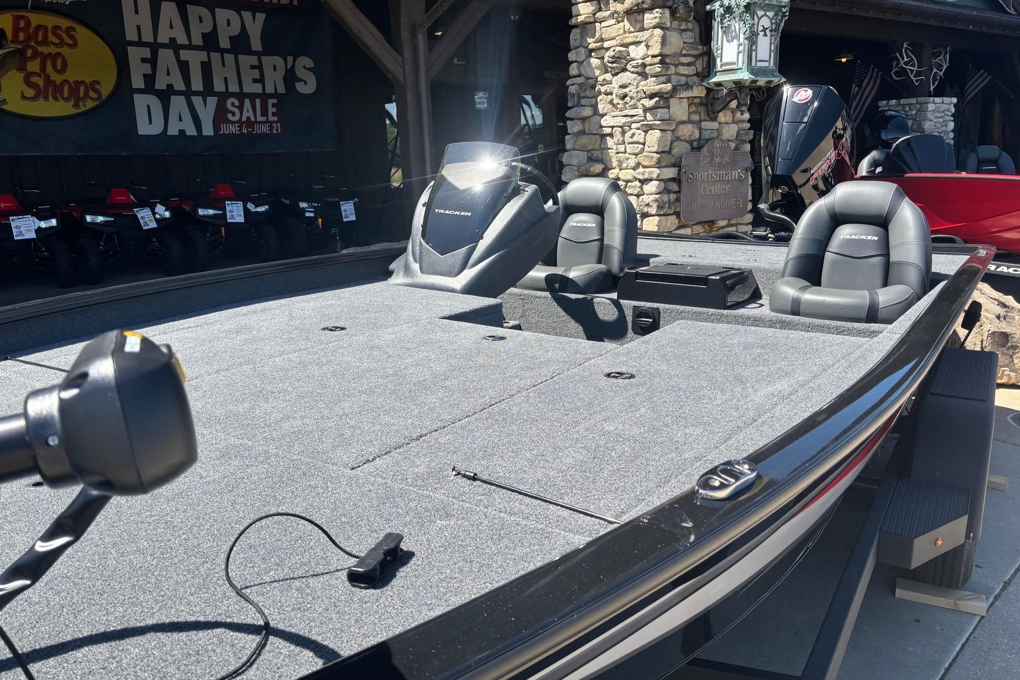 2026 Tracker Savage 215 boat displayed at Bass Pro Shops Father's Day sale.