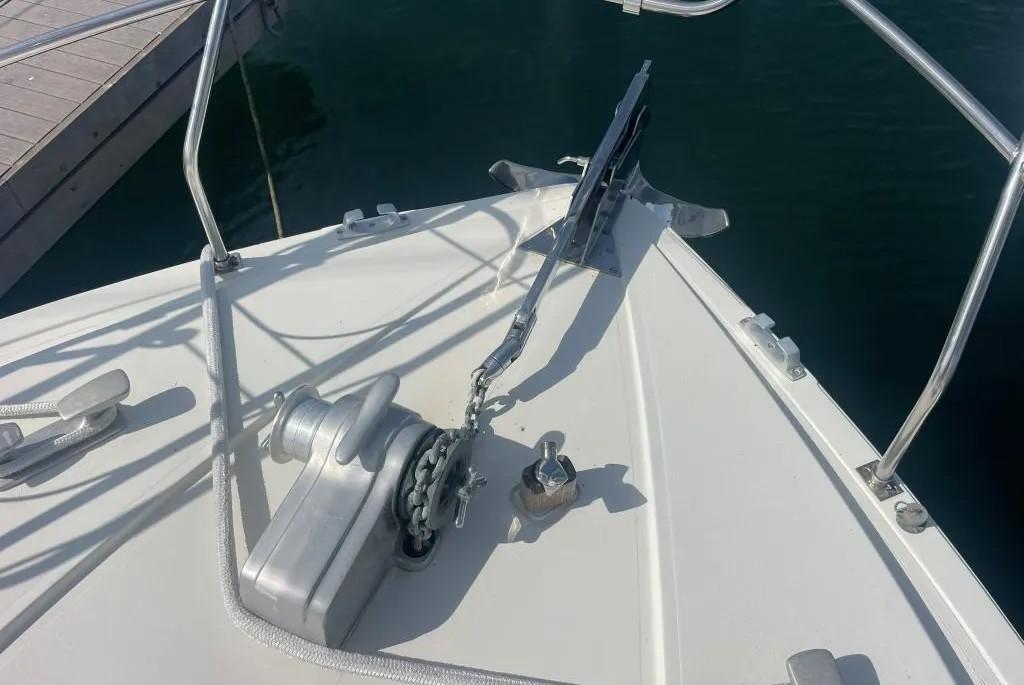 Bow of 1985 Princess Sedan Flybridge with anchor and winch system.