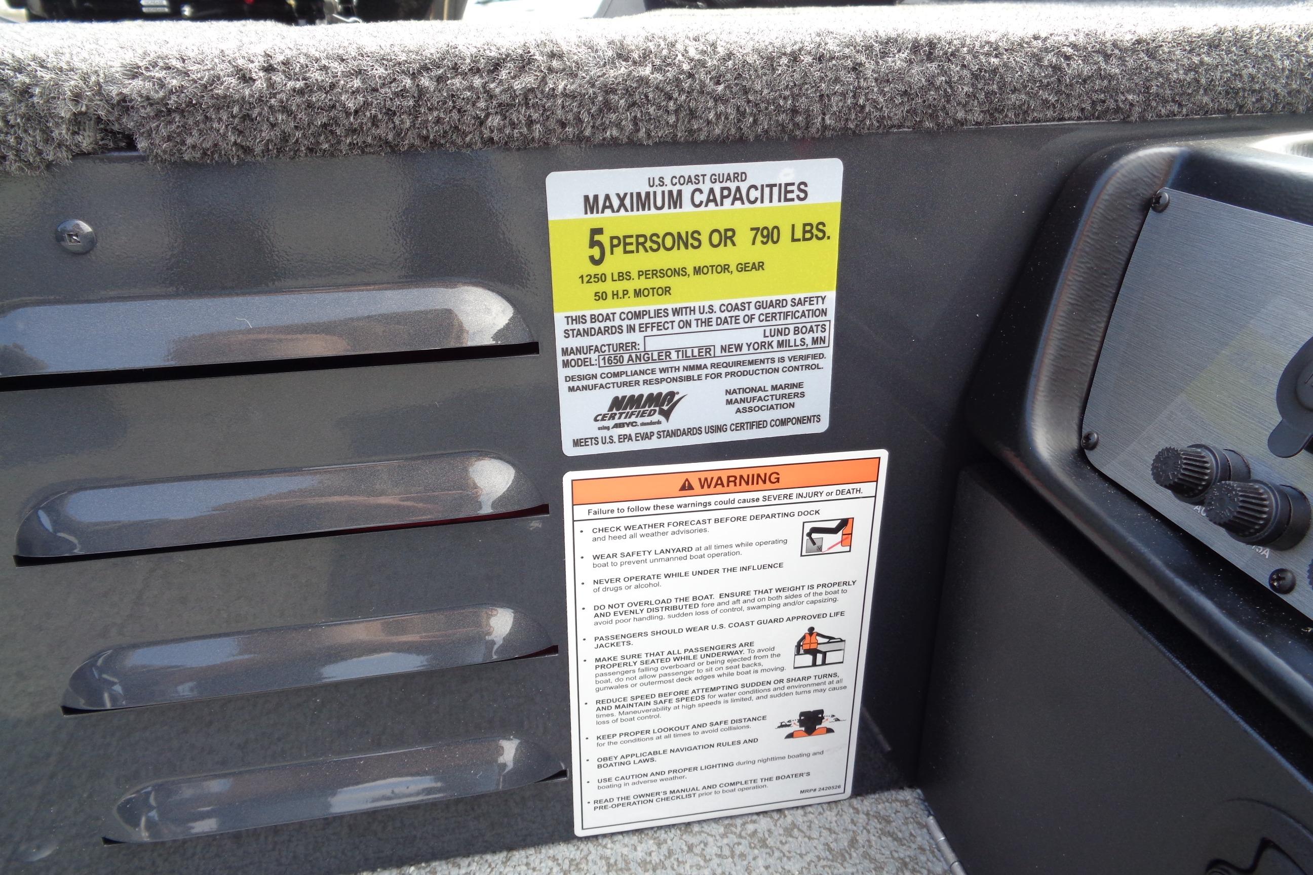 2026 Lund 1650 Angler Tiller boat capacity label, maximum 5 persons or 790 lbs.