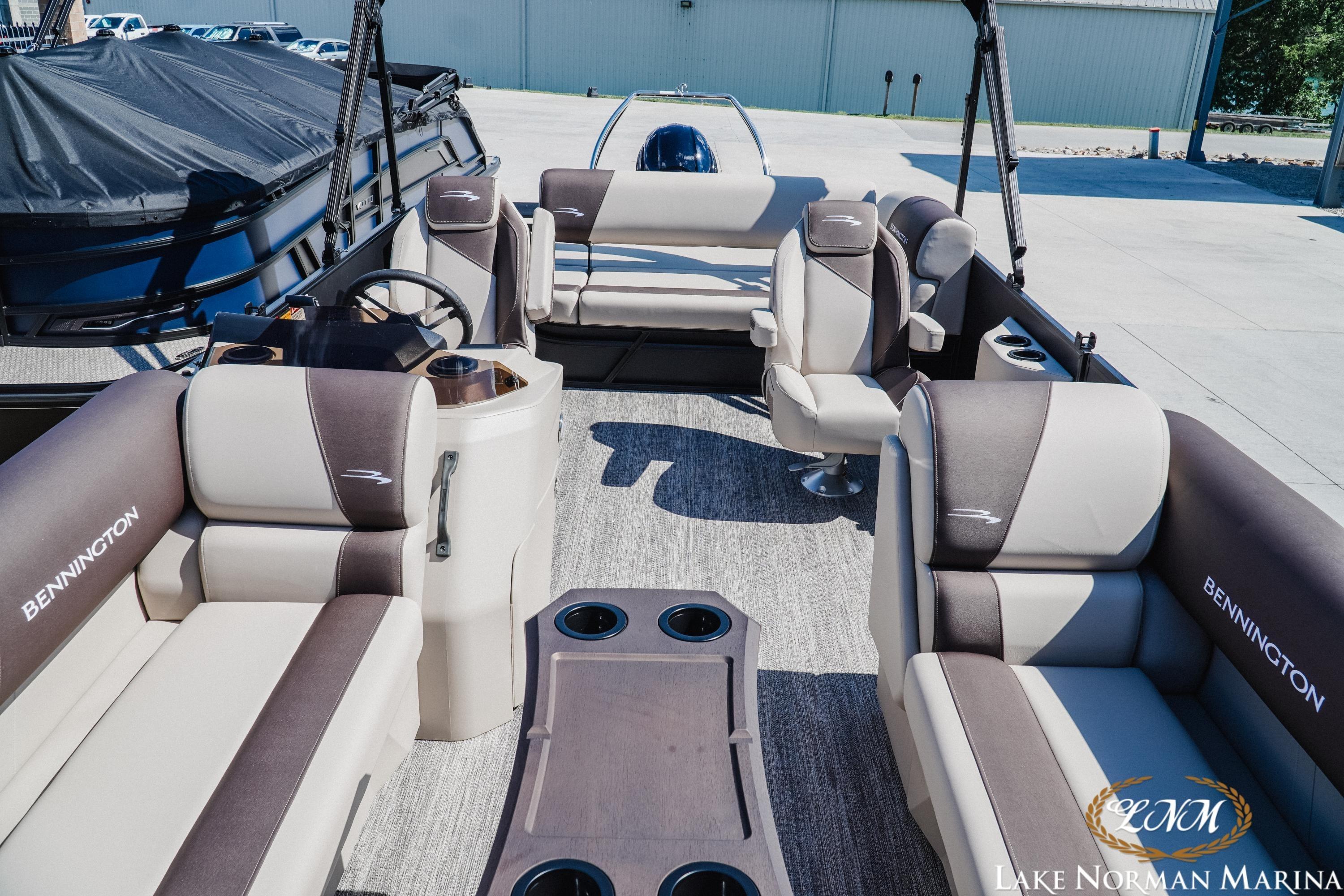 2027 Bennington 23ssb pontoon boat interior with plush seating at Lake Norman Marina.