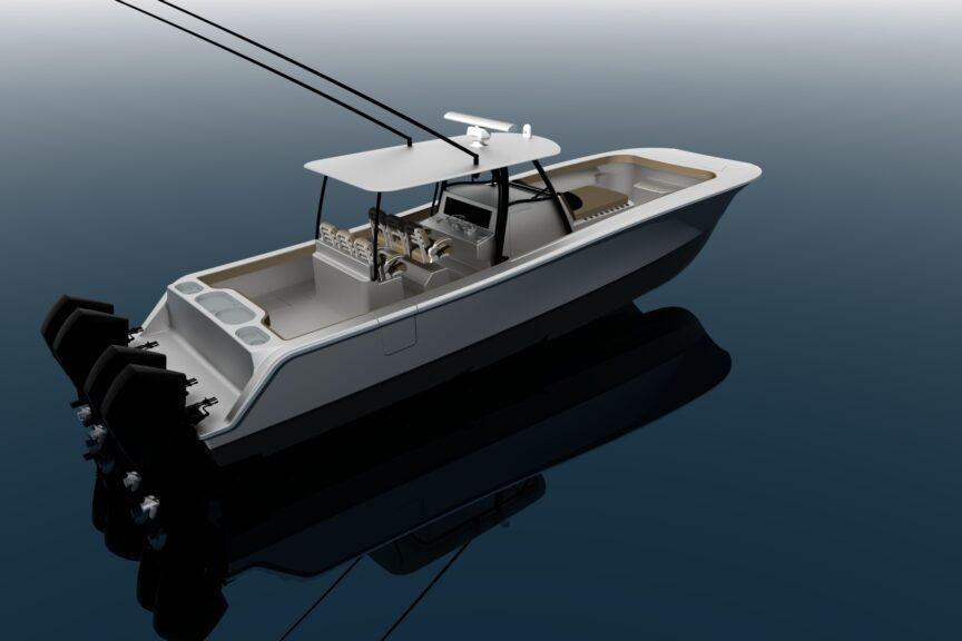 2026 Front Runner 43 Catamaran on calm water, showcasing sleek design and powerful engines.