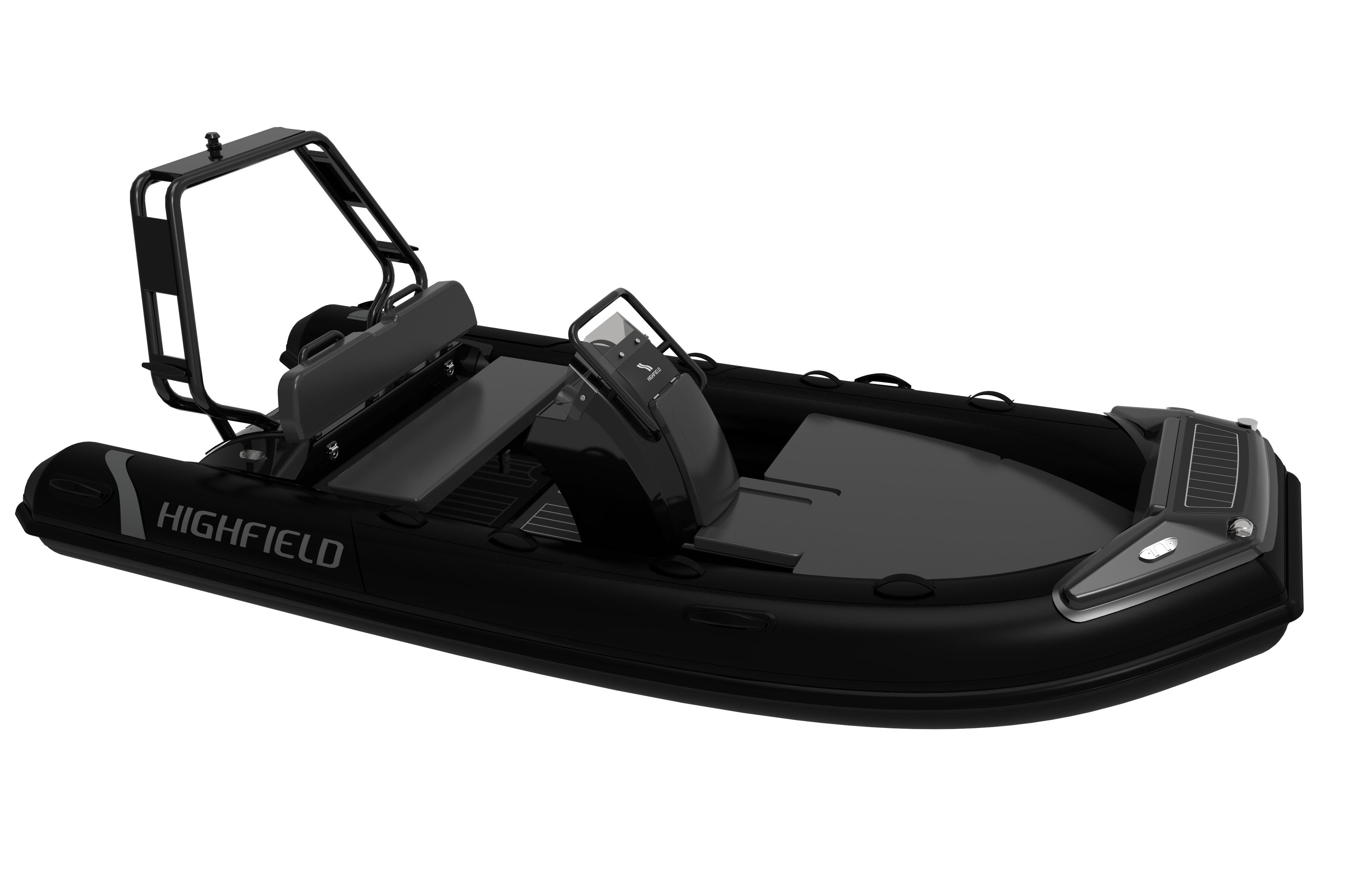 2026 Highfield Sport 420 boat, sleek black design, modern seating, and steering console.