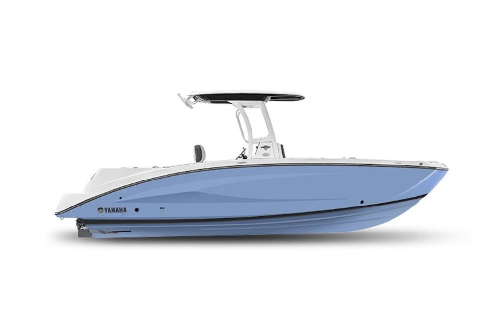 2026 Yamaha Boats 255 FSH Sport E, sleek blue and white design, side view.