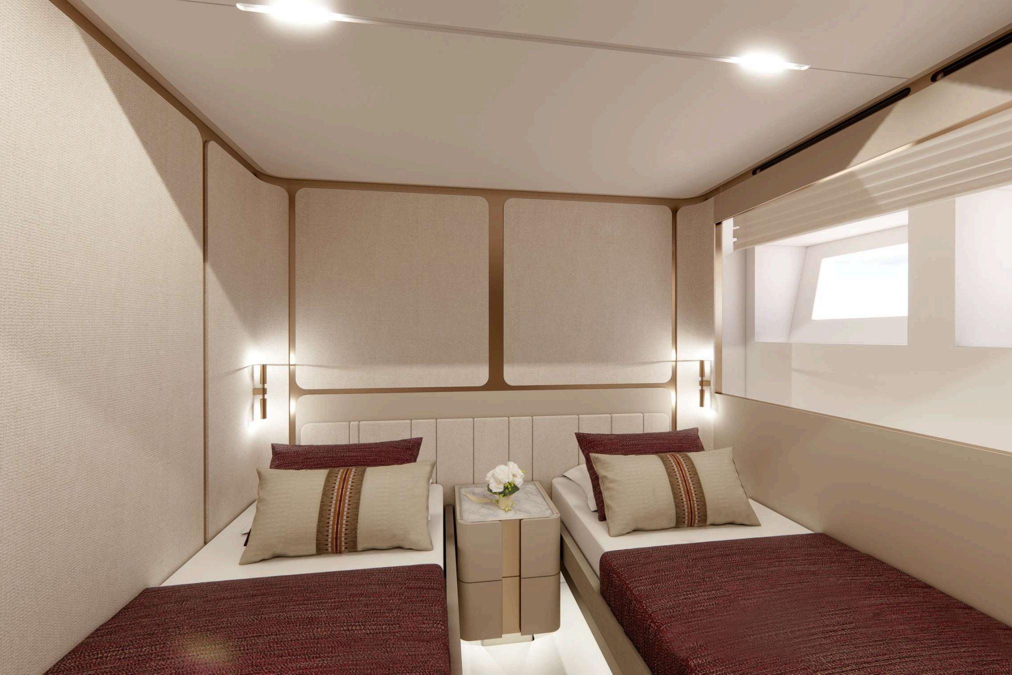 Luxurious twin cabin interior in Nomad 101 yacht, 2026 model.