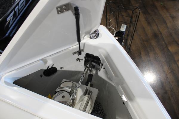 Anchor compartment of 2025 Cobalt R6 boat with chain and winch.