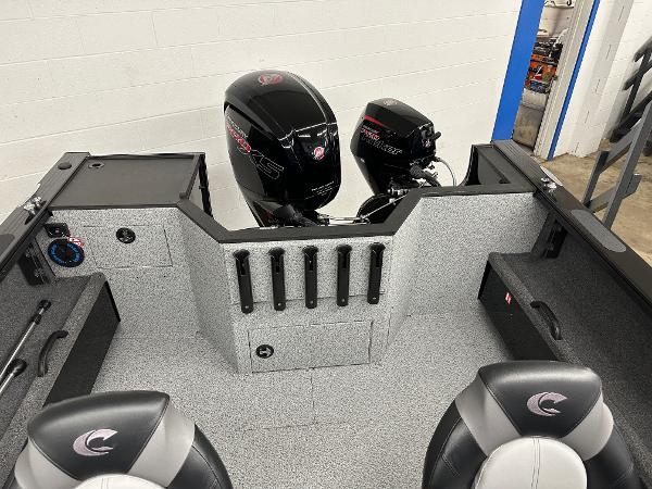 2025 Crestliner 1850 Commander boat interior with dual outboard motors.