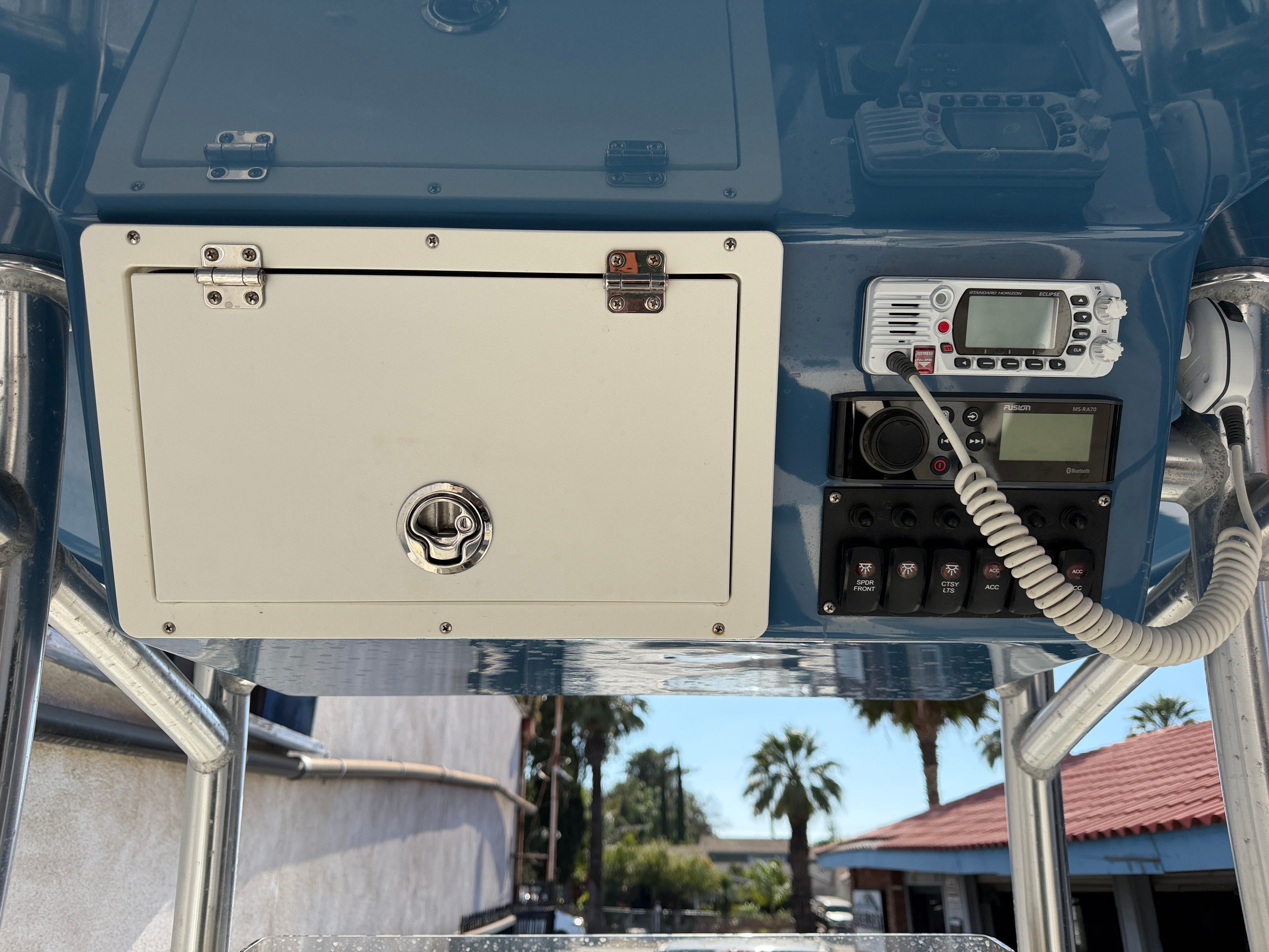 Control console of a 2021 KenCraft Challenger with radio.