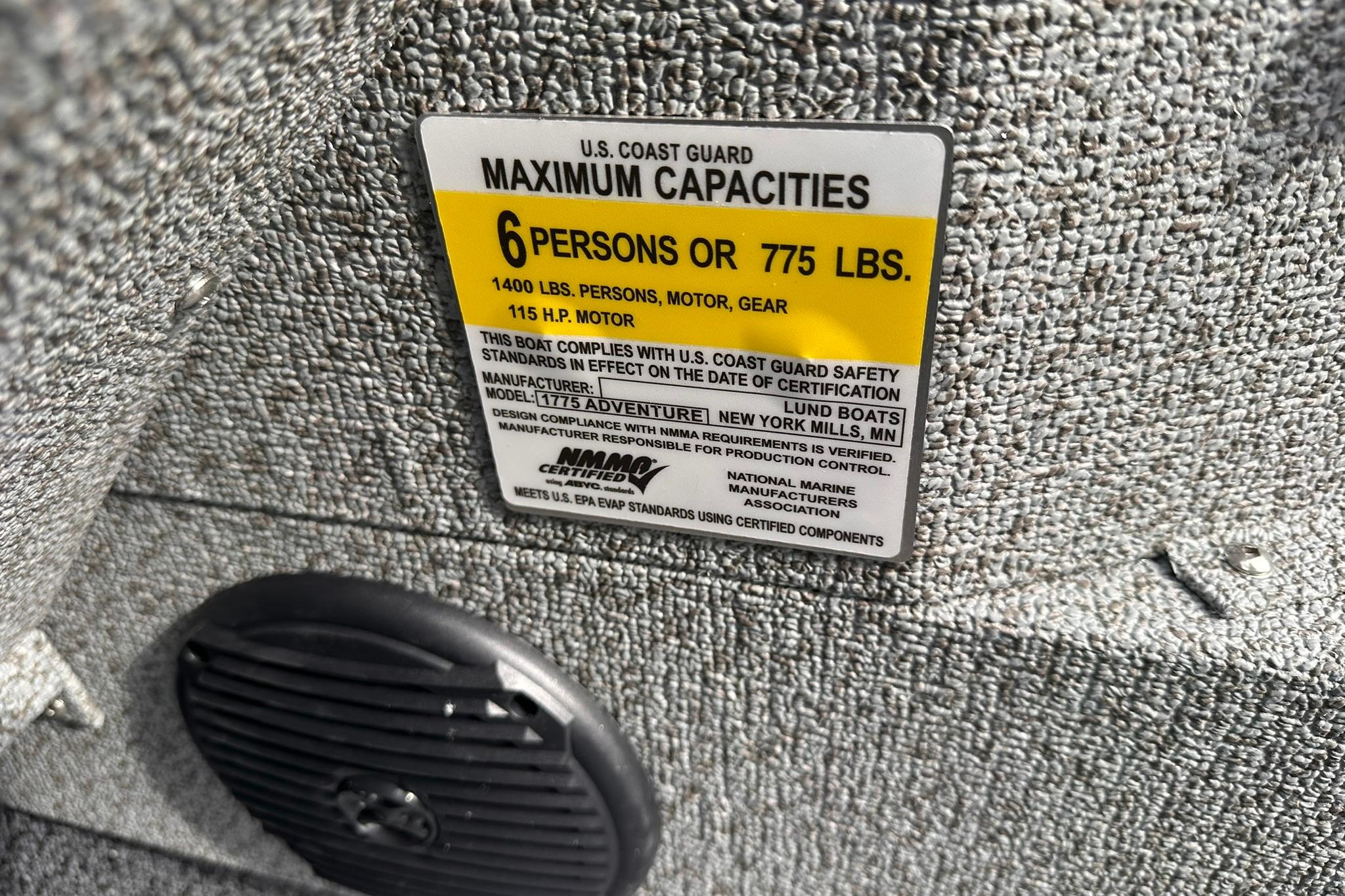 2026 Lund 1775 Adventure Sport capacity label, 6 persons or 775 lbs, U.S. Coast Guard certified.