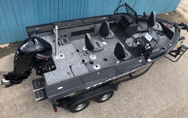 2025 Tracker Targa V18 Combo fishing boat with Mercury outboard engine, aerial view.