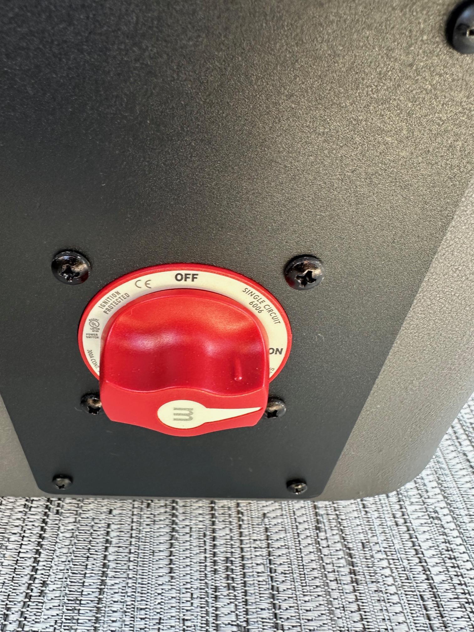 Red power switch on 2025 Bennington 188 SS Family Fish Pontoon.