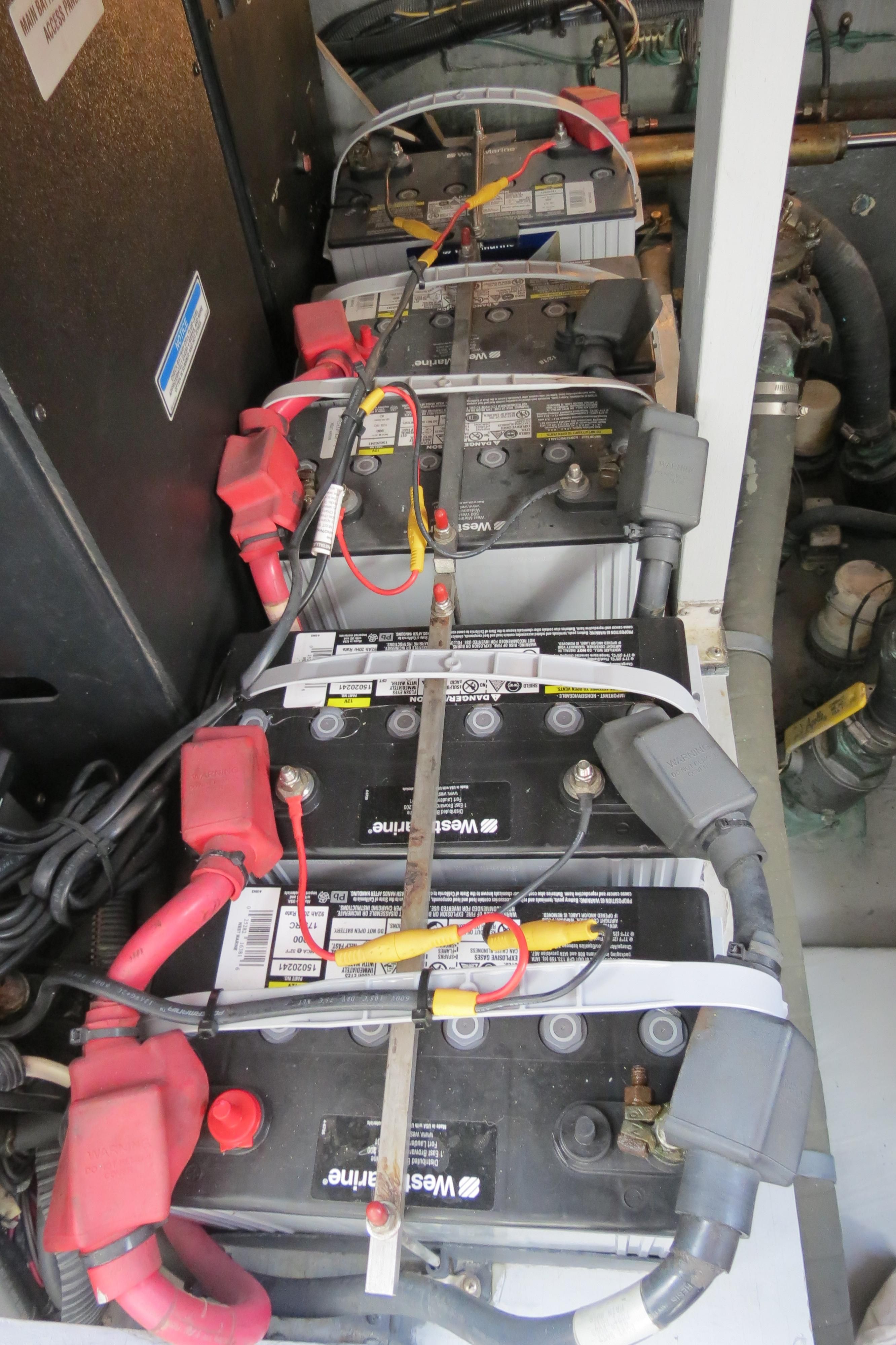 Batteries in the engine room of a 2002 Sea Ray 410 Express Cruiser.