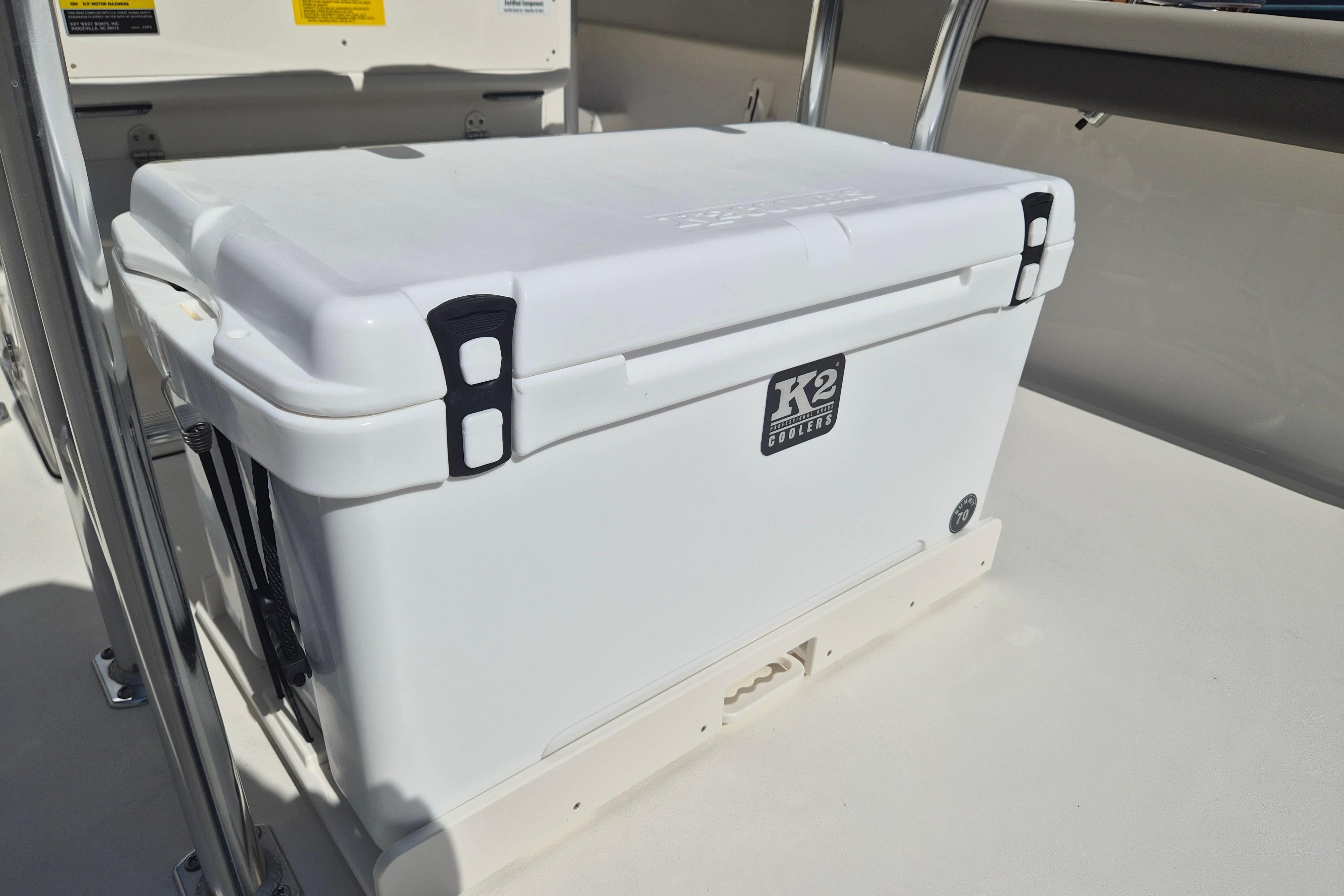 White K2 cooler on 2026 Key West 239 FS boat deck.