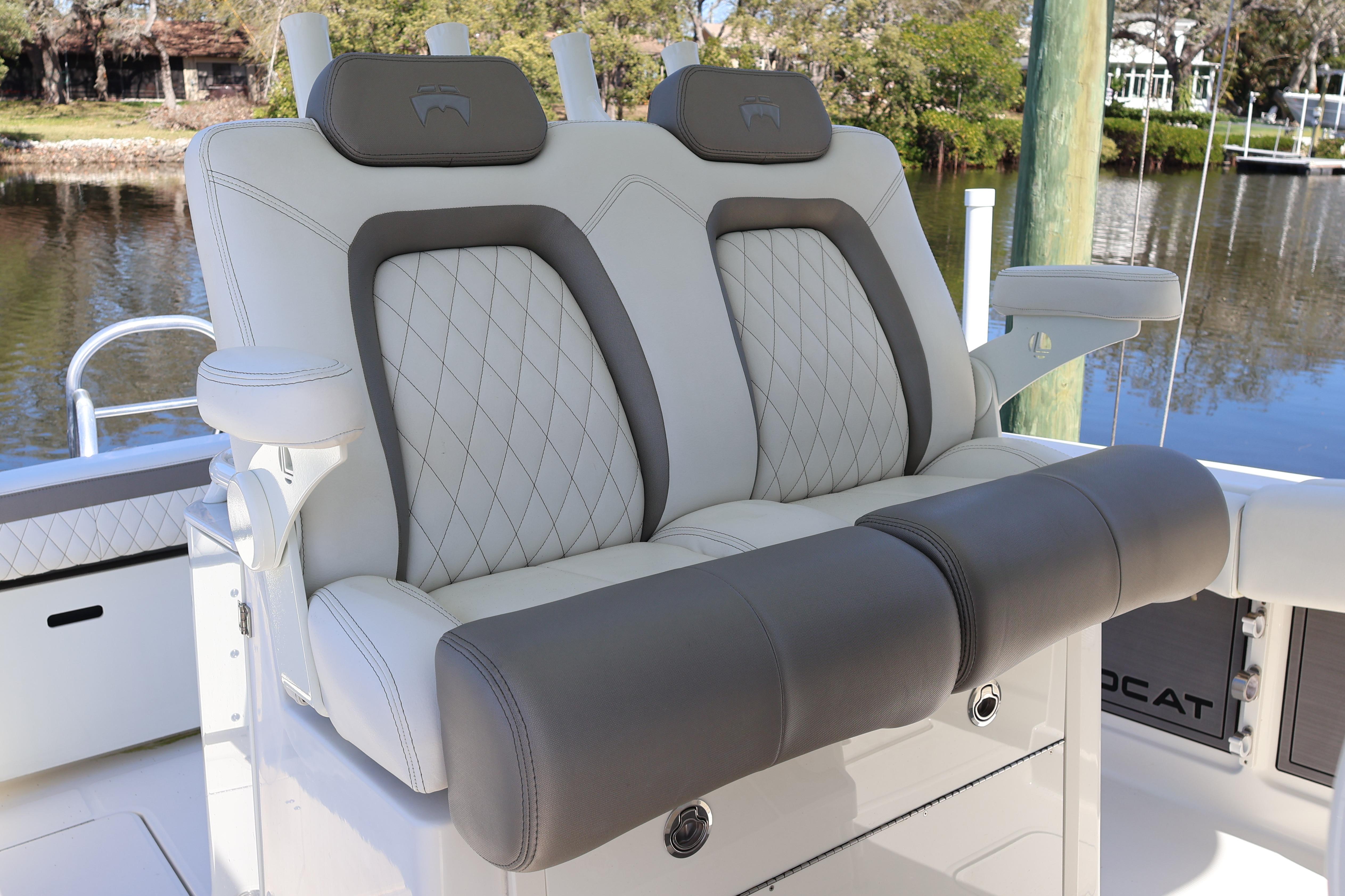 Luxury seating on 2022 World Cat 280 CC-X boat, featuring elegant design and comfort.