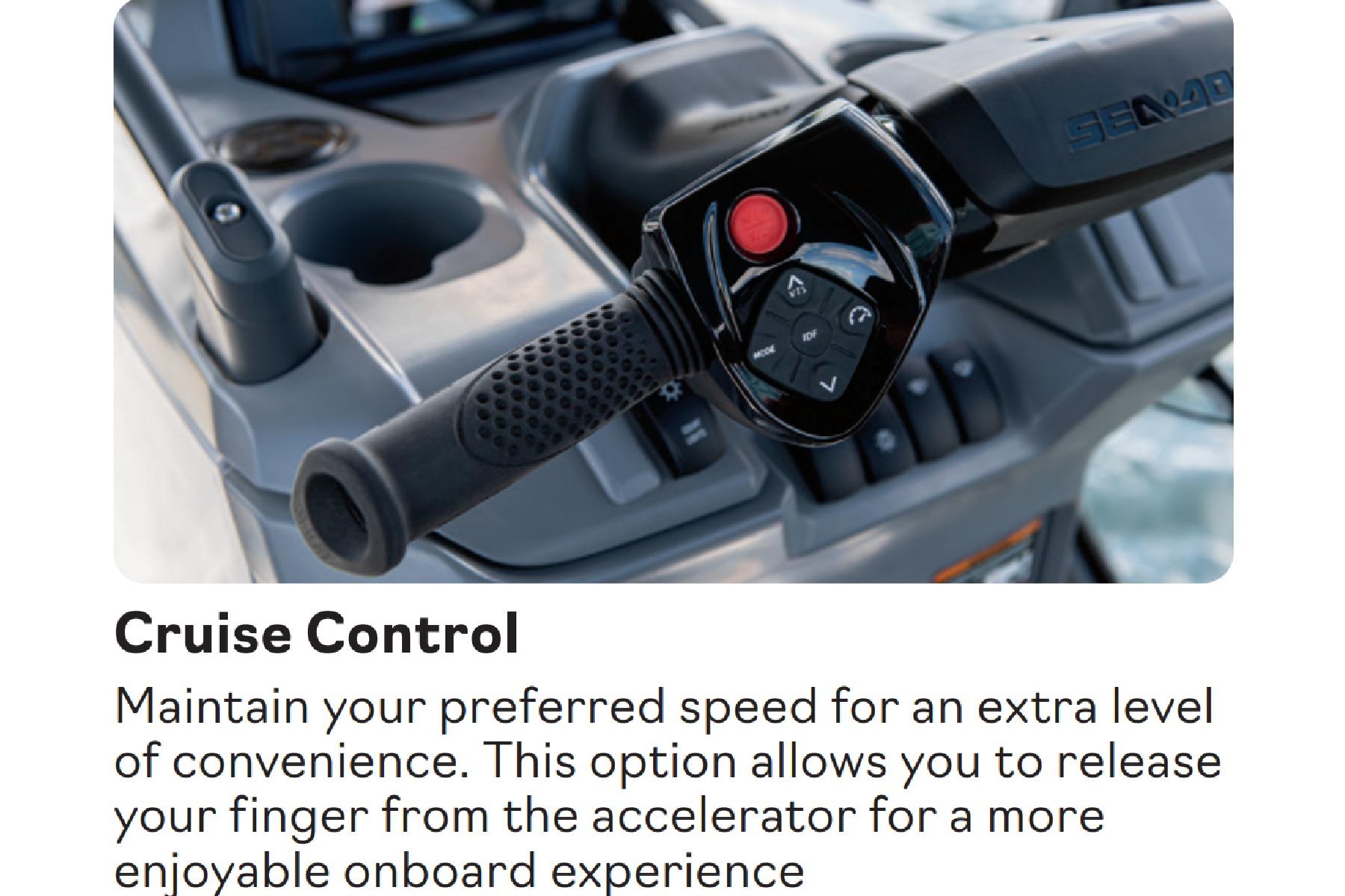Cruise control feature on 2026 Sea-Doo Switch Cruise 21 for enhanced boating convenience.