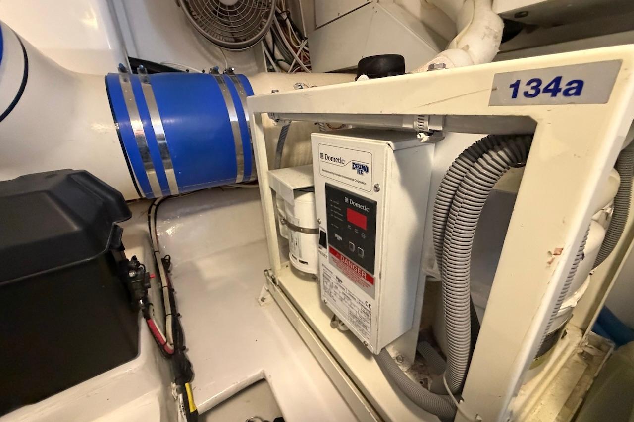 Engine room of 2012 Viking 50 Convertible yacht with Dometic equipment and wiring.