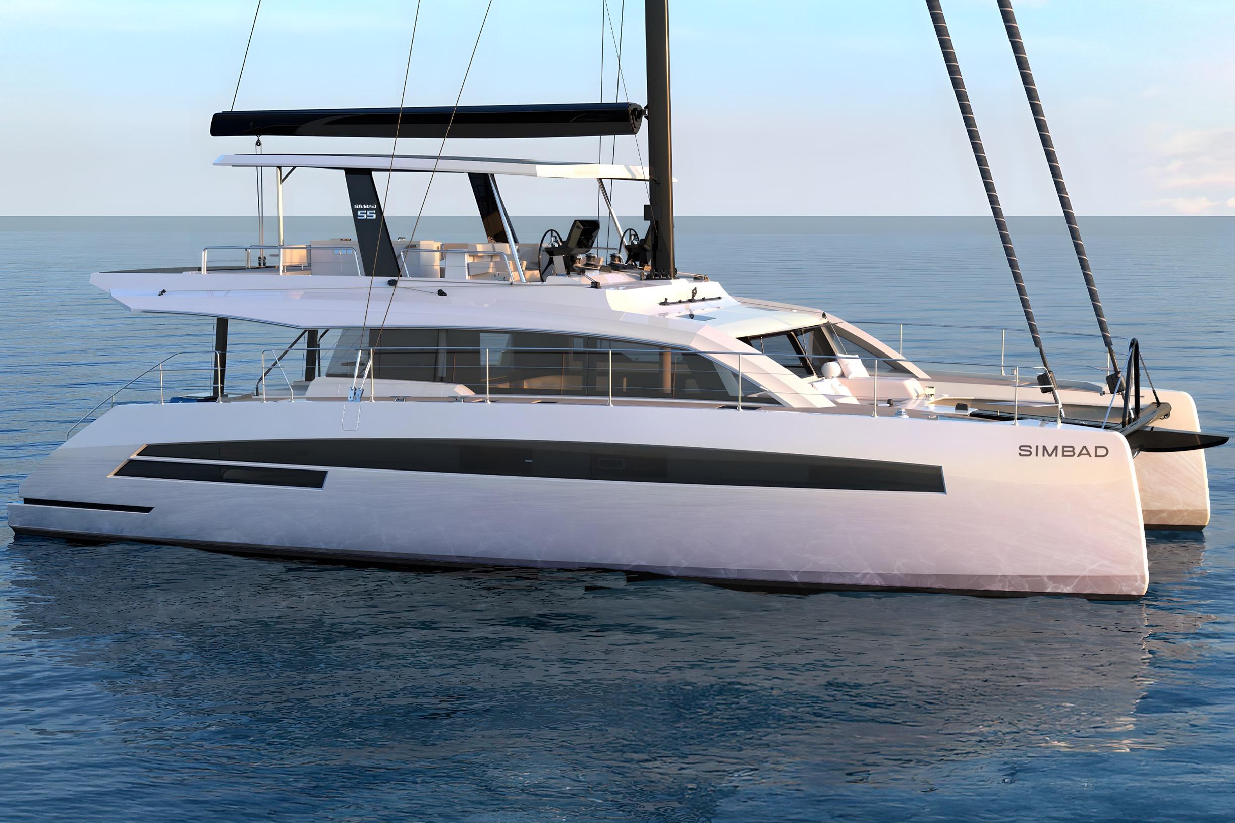 Luxury Simbad 55 catamaran yacht, 2025 model, sailing on calm ocean waters.