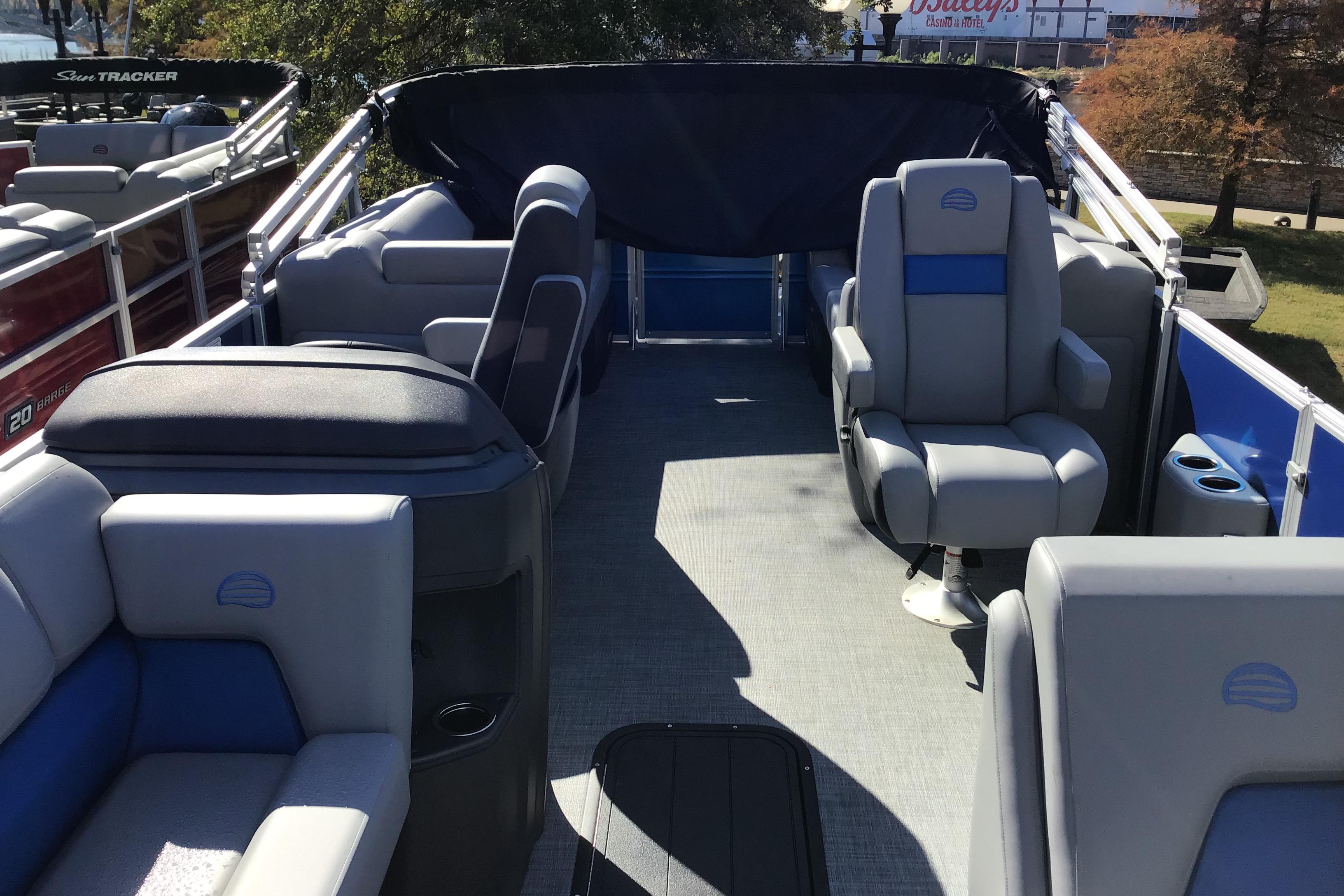 2026 Sun Tracker Party Barge 22 XP3 interior with seating and open deck space.