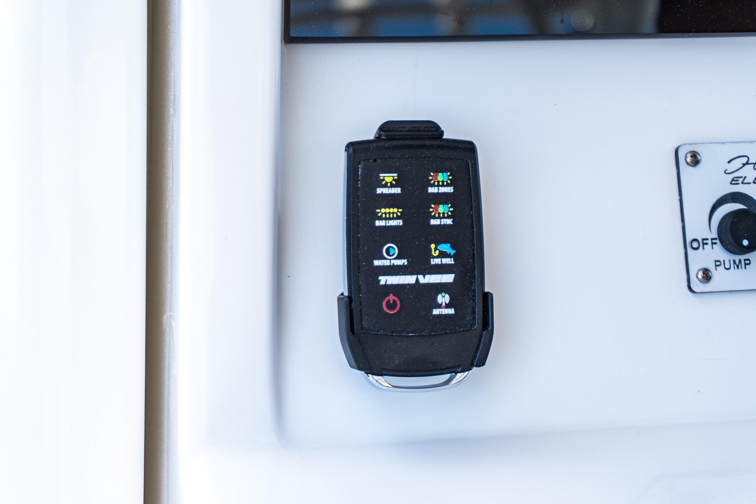 Control panel of 2026 Twin Vee 400 GFX2 CC boat with digital display.