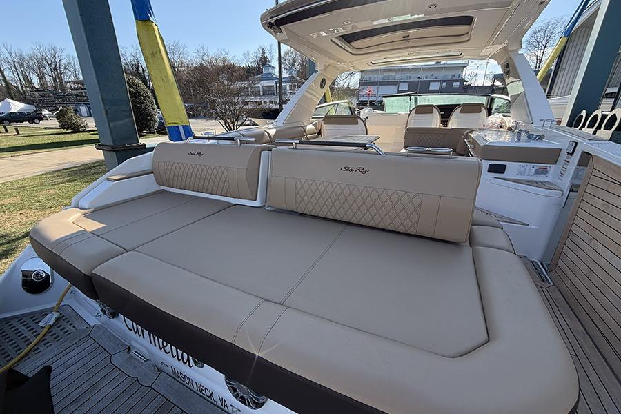 2023 Sea Ray SLX 400 luxury boat with spacious seating and elegant design.