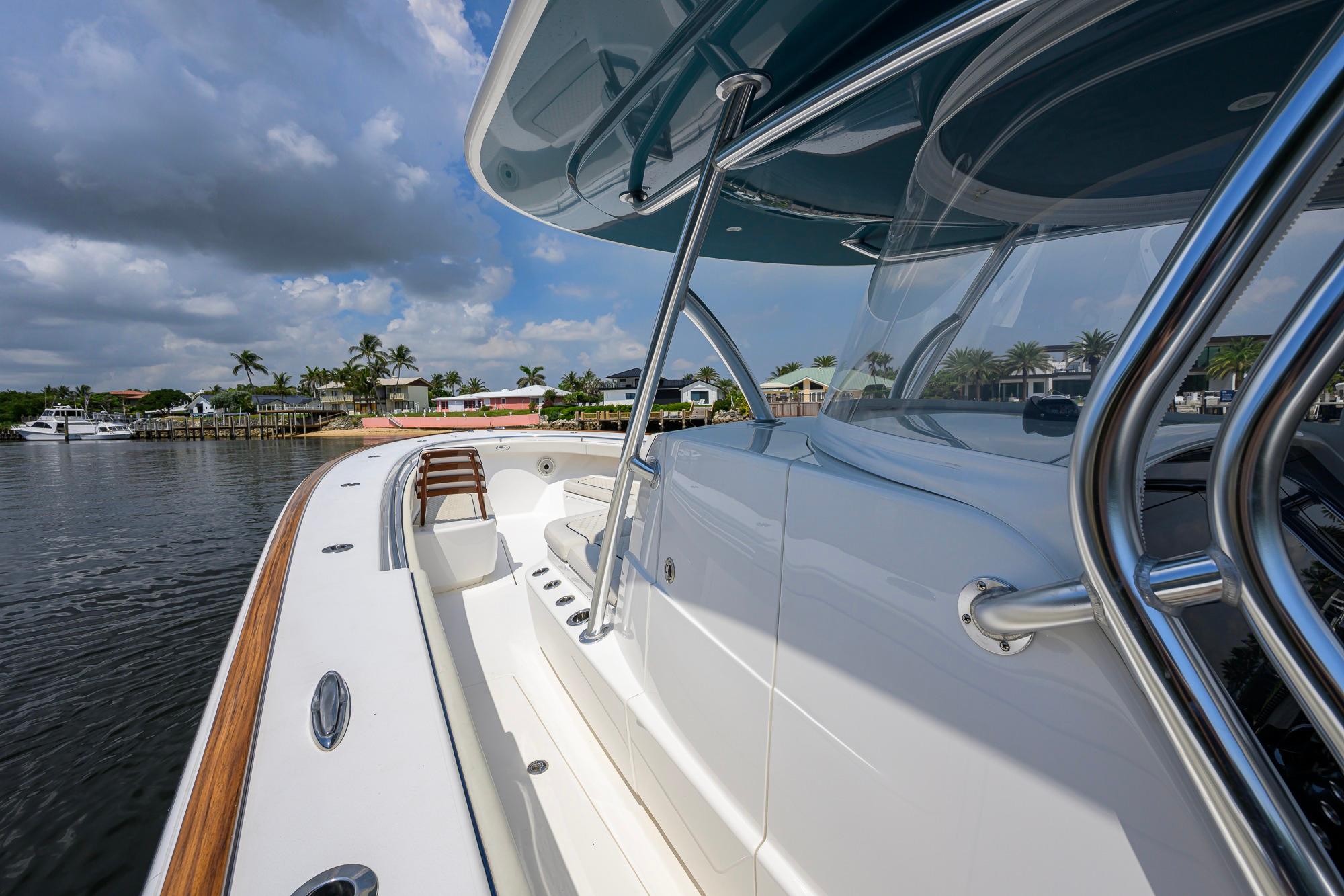 2020 Valhalla Boatworks V-41 on water, showcasing sleek design and luxurious features.