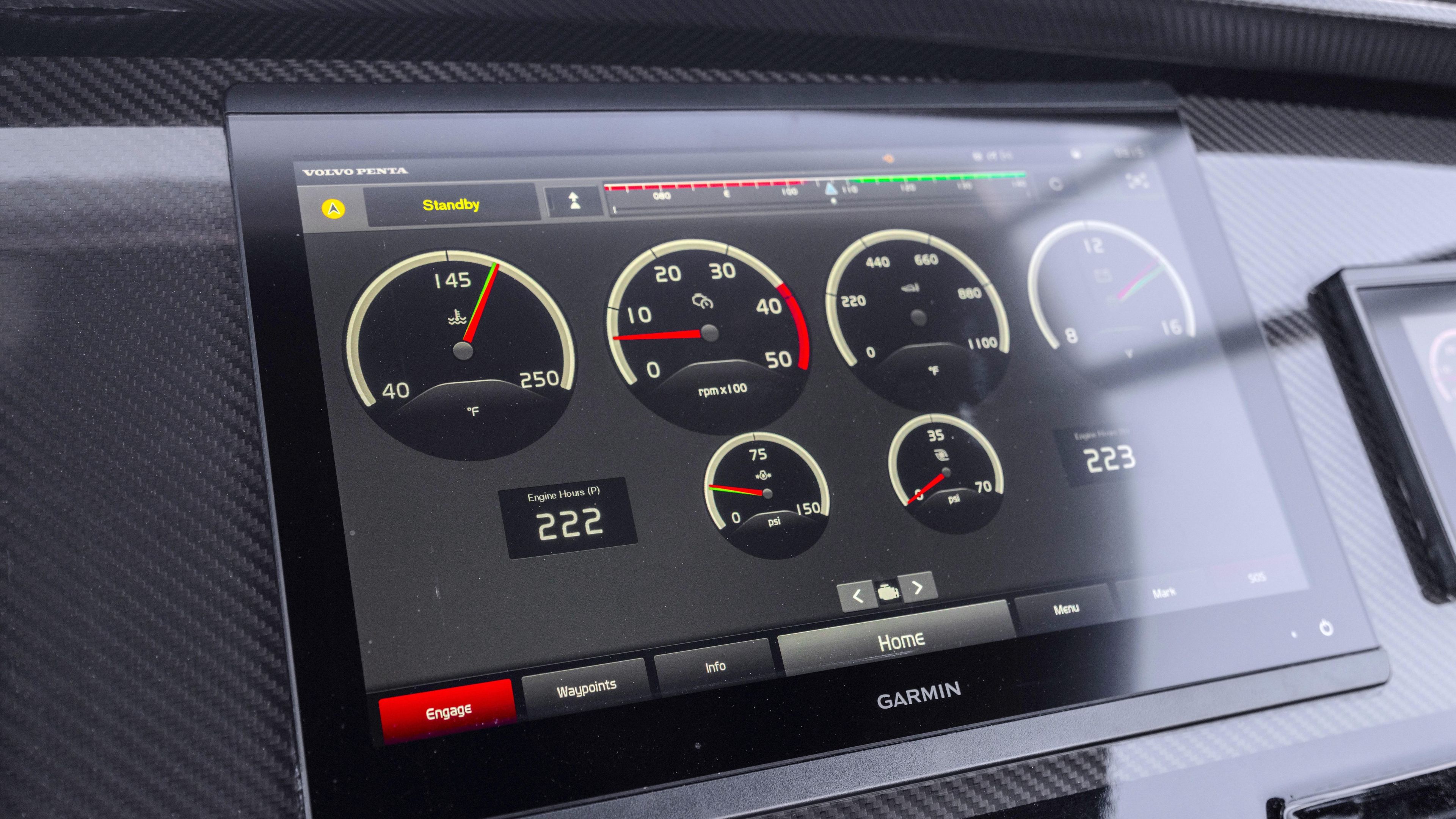 Dashboard display of a 2022 Pardo Yachts Pardo 43, featuring Garmin navigation instruments.
