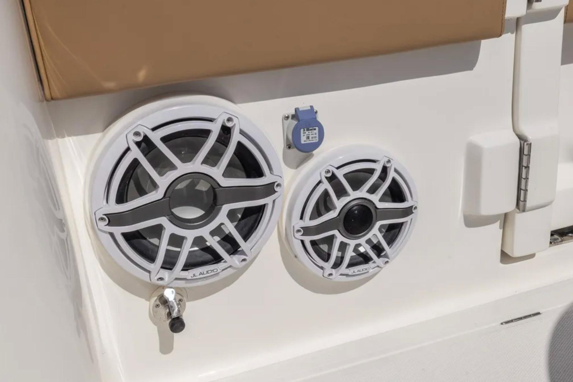 Speakers on 2025 Blackwater 41 Performance Fish boat, featuring JL Audio components.
