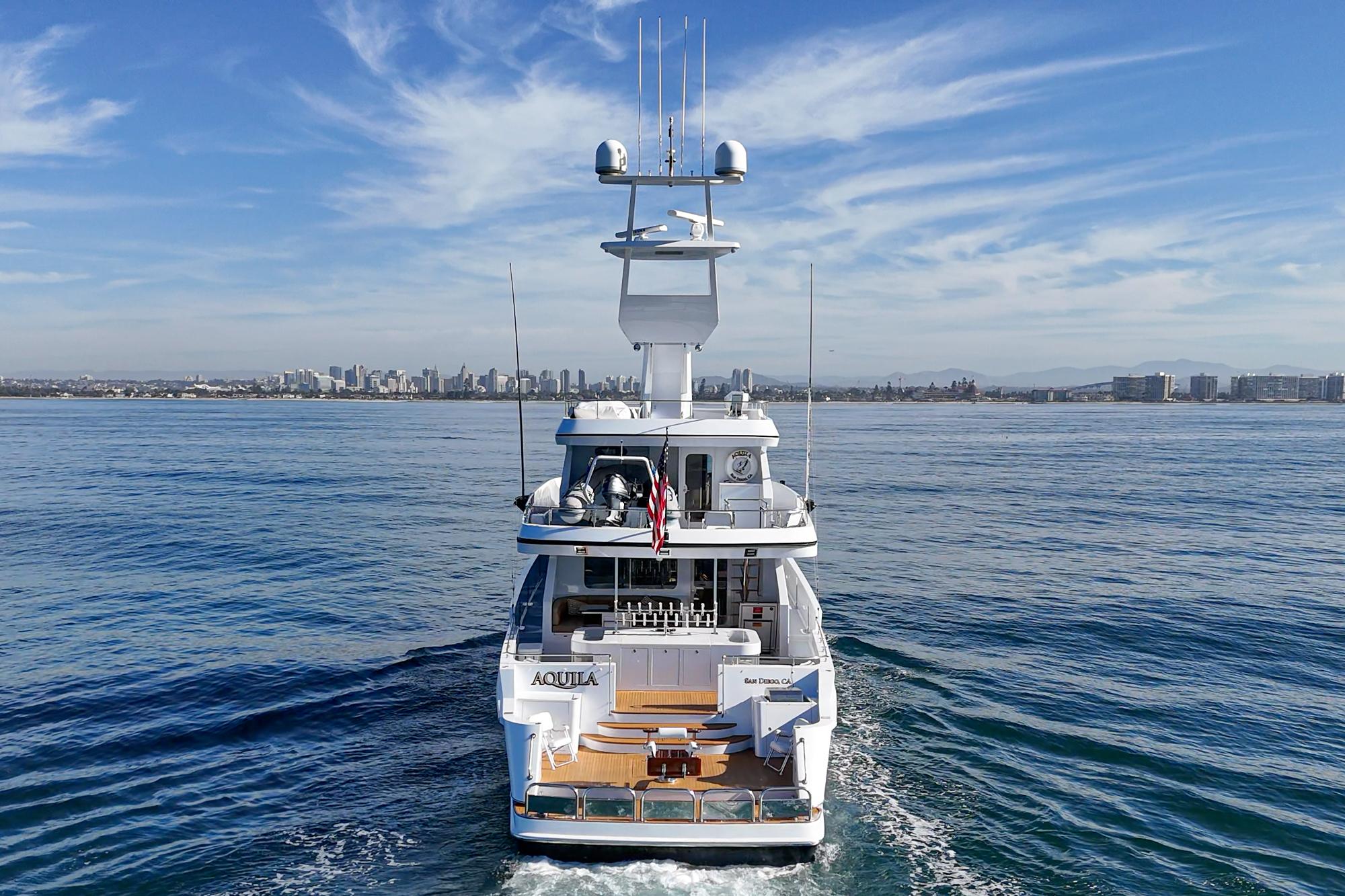 Barattucci Yacht Fisher 1992 cruising on open water with city skyline in background.
