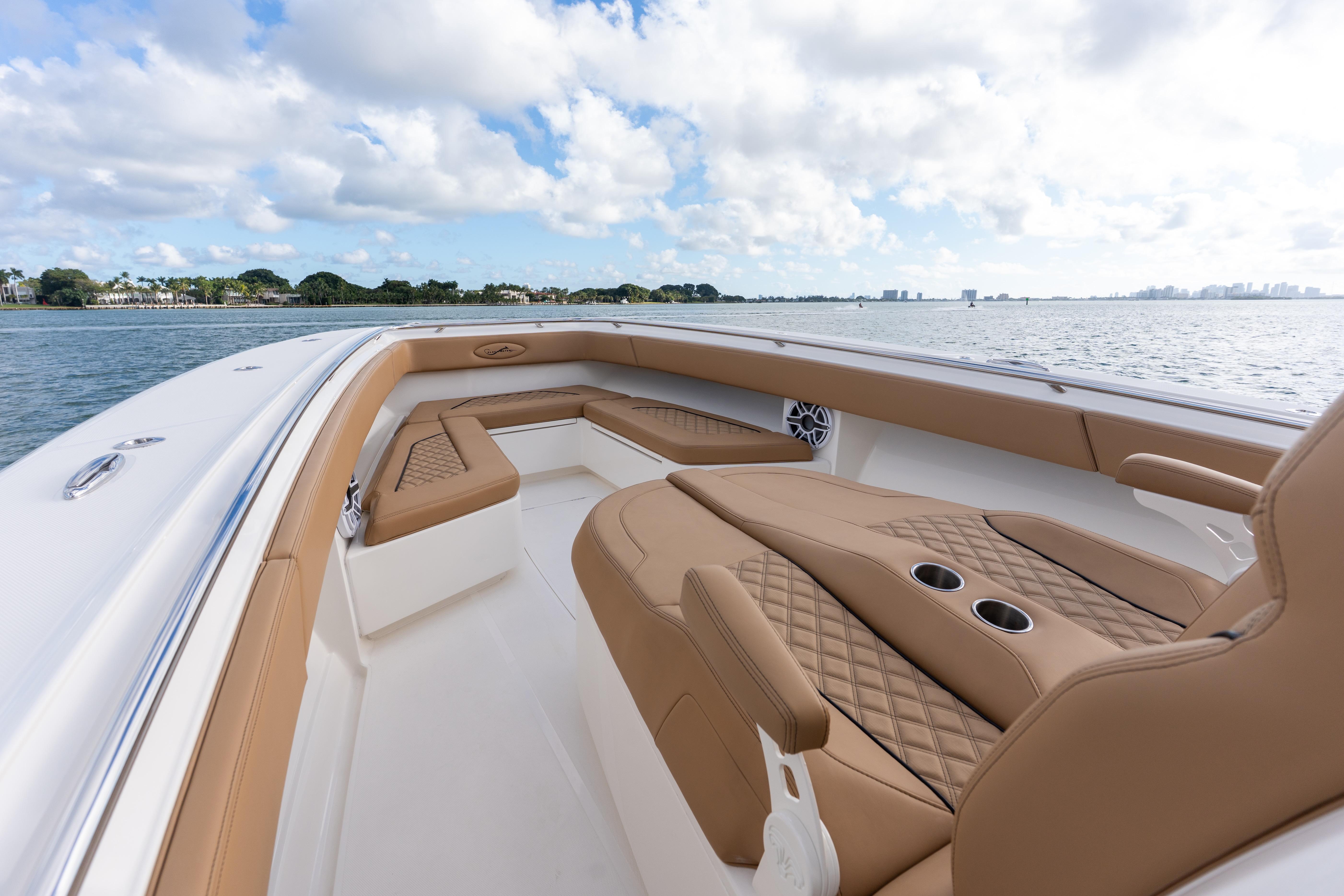 Luxurious seating on 2026 Blackwater 41 Performance Fish boat, cruising on a sunny day.