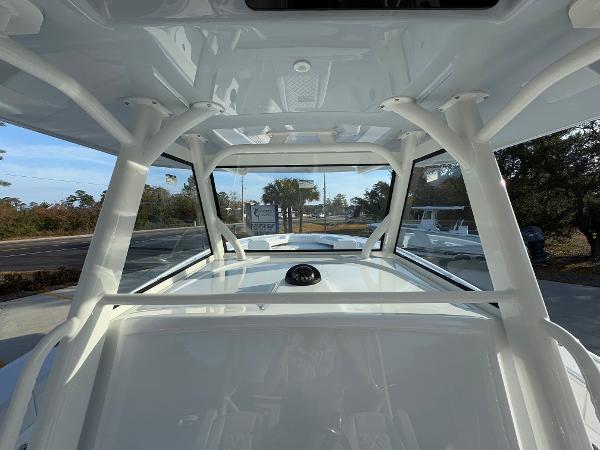 2025 Yellowfin 39 Offshore boat interior with clear windows and sturdy framework.