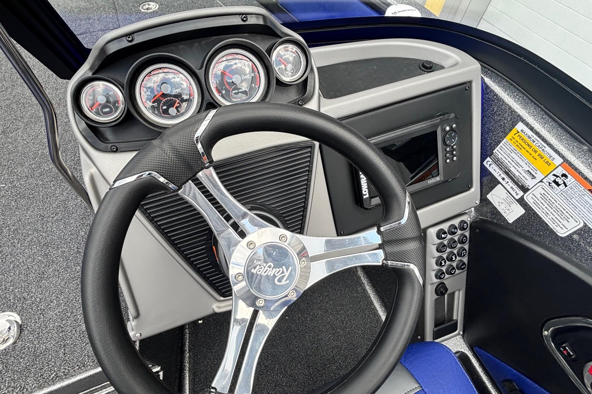 2026 Ranger 1880MS A Pack Equipped boat dashboard with steering wheel and control panel.