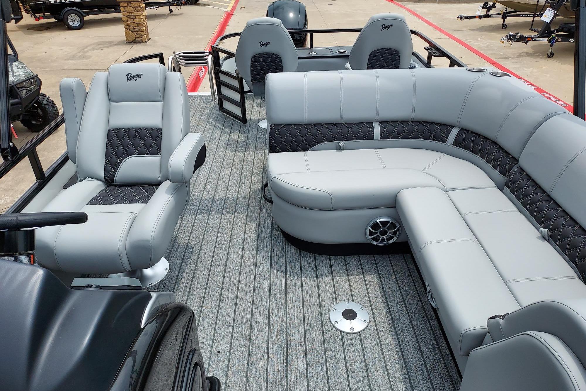 2026 Ranger 220F boat interior with luxurious gray seating and modern design.