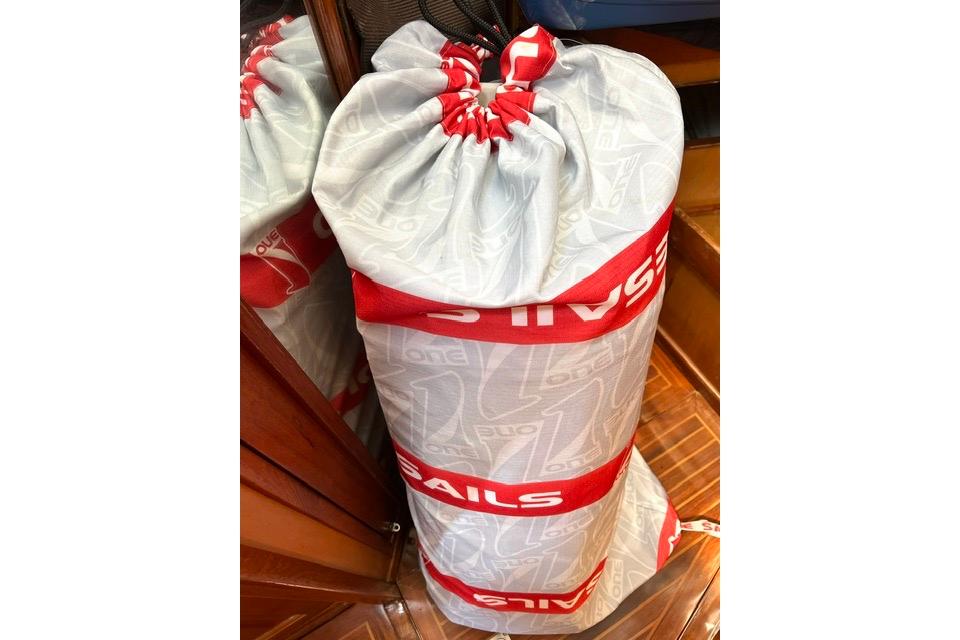Sail bag with red accents on a 1981 Little Harbor Sloop.
