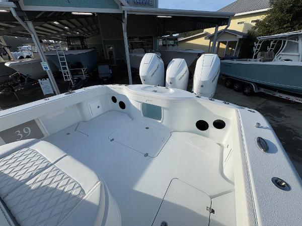2025 Yellowfin 39 Offshore boat with triple engines, spacious deck, and modern design.