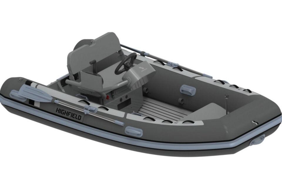 2025 Highfield CL340 inflatable boat, gray with steering console and oars.