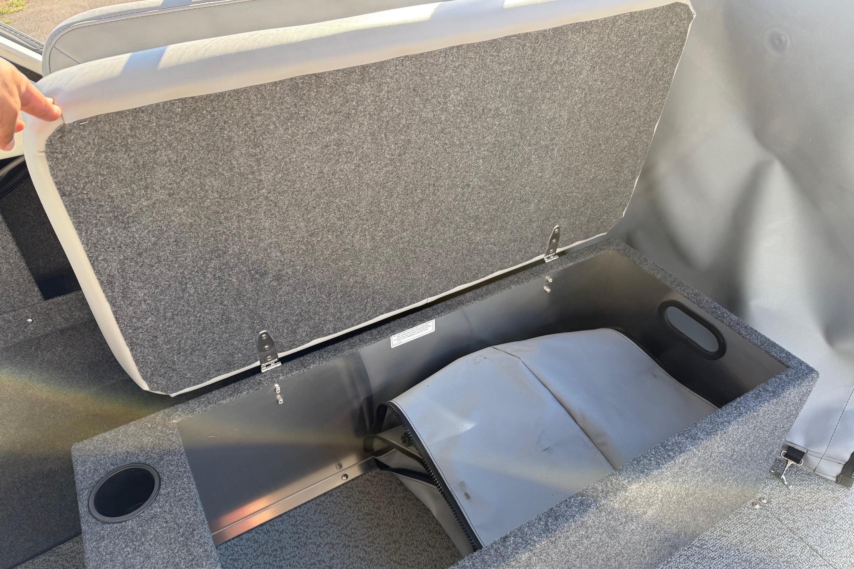 Open storage compartment in 2026 Thunder Jet 185 Luxor boat interior.