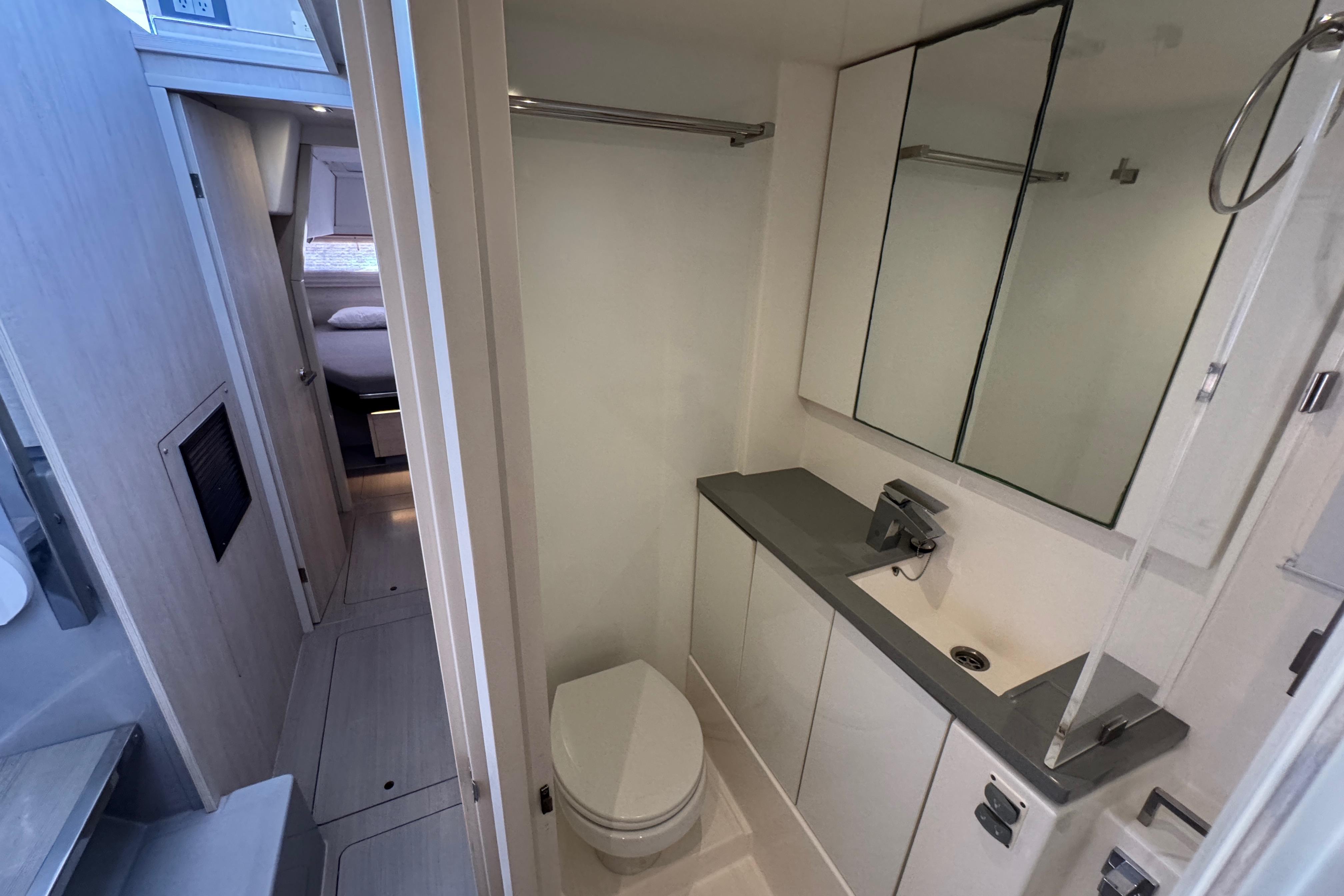 Modern bathroom interior on a 2021 Leopard 45 yacht, featuring sleek design and amenities.