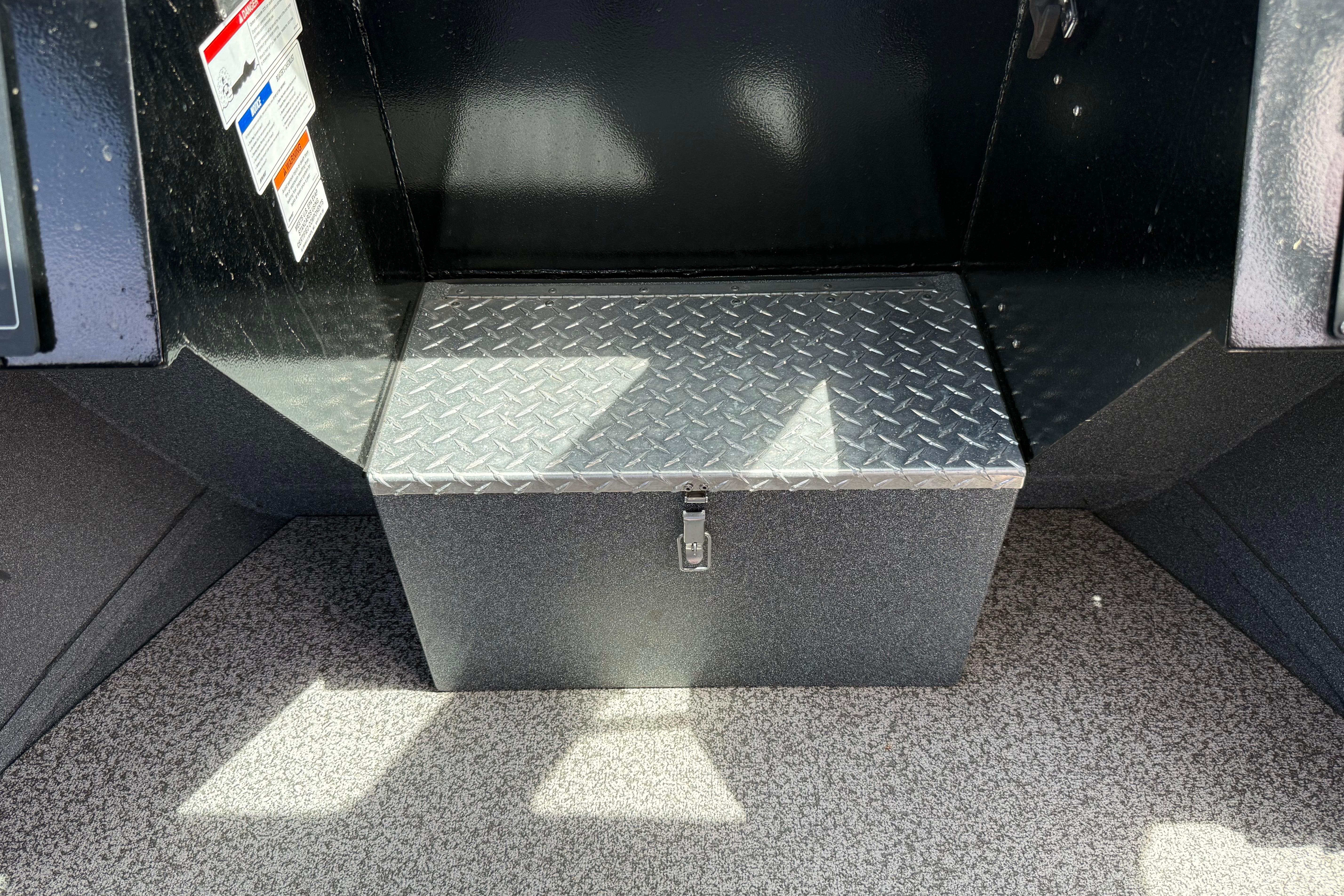 2019 Alumaweld Intruder Hard Top 22' interior with diamond plate storage box.