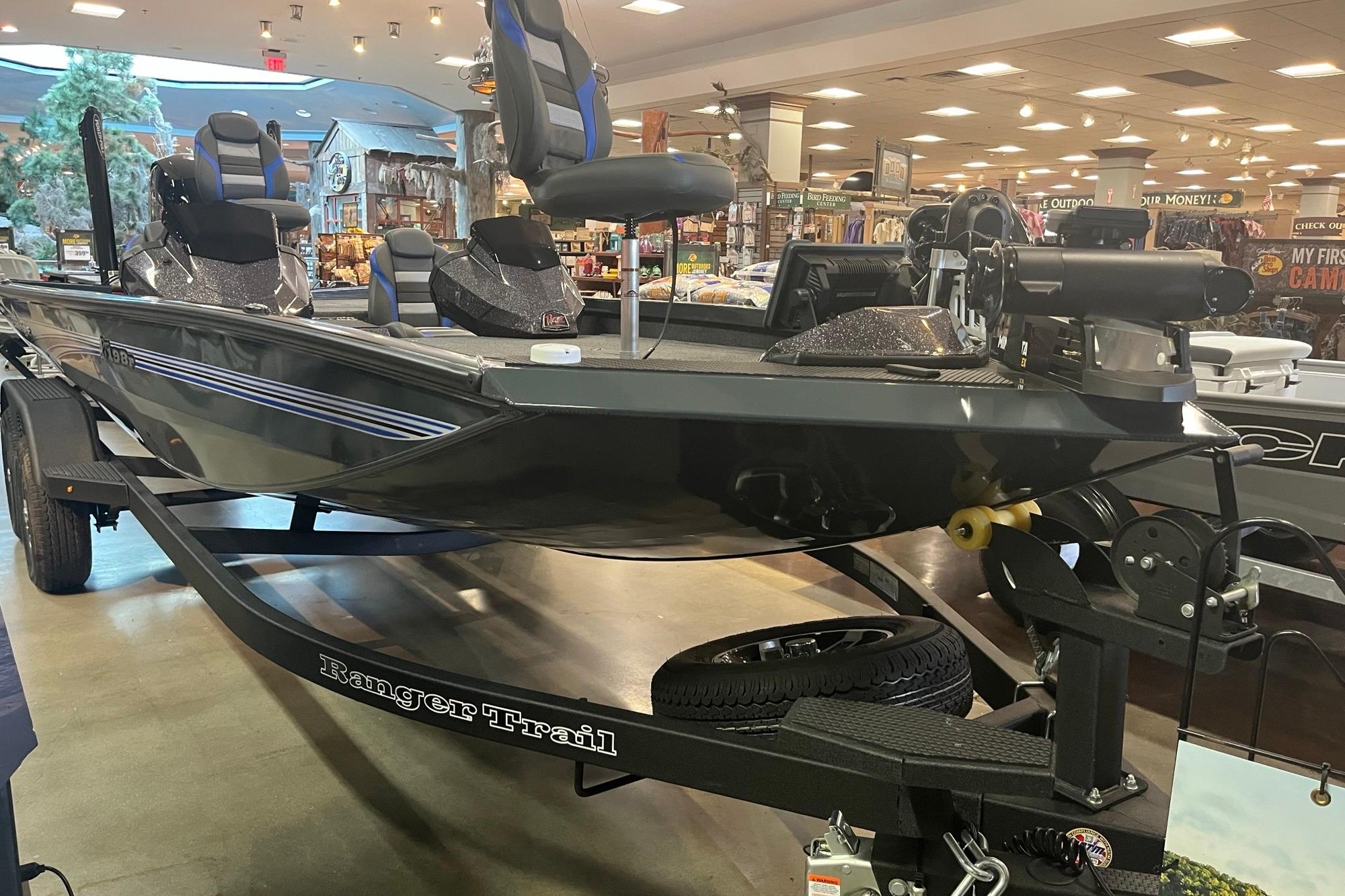 2026 Ranger RT198P fishing boat displayed indoors on a trailer.