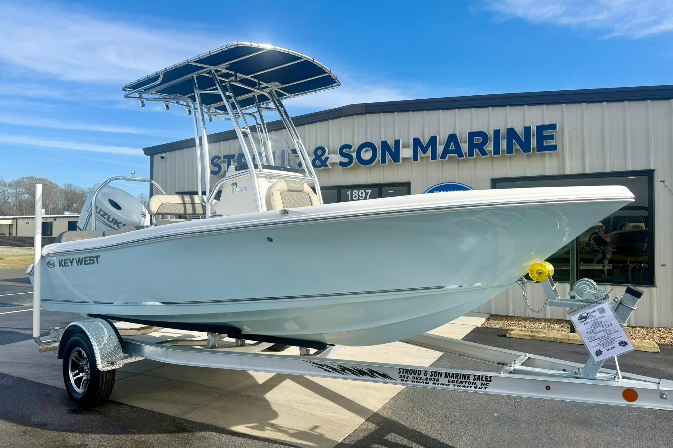 2026 Key West 189 FS boat on trailer at Stroud & Son Marine dealership.