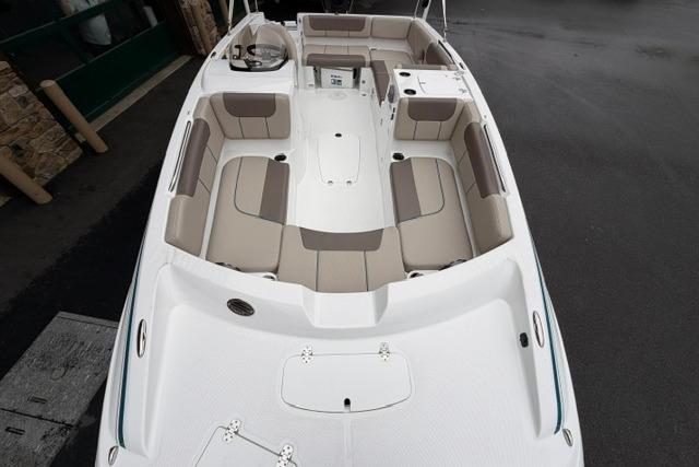 2026 Tahoe 2150 boat interior with spacious seating and modern design.